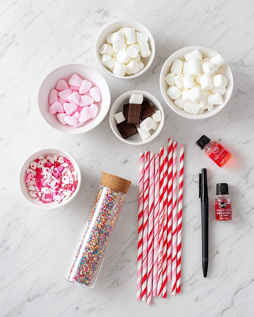 The image shows a flat lay of various baking and decorating items arranged on a white marbled surface. At the top are two white bowls; the left one contains small white mini marshmallows, and the right one has pieces of dark and white chocolate. Below these, a bigger white bowl holds larger white marshmallows. To the left, a small white bowl is filled with pink, red, and white heart and dot-shaped sprinkles. Below that is a corked clear tube filled with a mix of colorful small round and heart-shaped sprinkles. In the center, two rows of striped paper straws in pink, red, and white tones are laid out. To the right, there is a black edible ink marker pen, and near it, two small bottles of red and pink food coloring with droppers. photo taken with an iphone --ar 4:5 --v 7