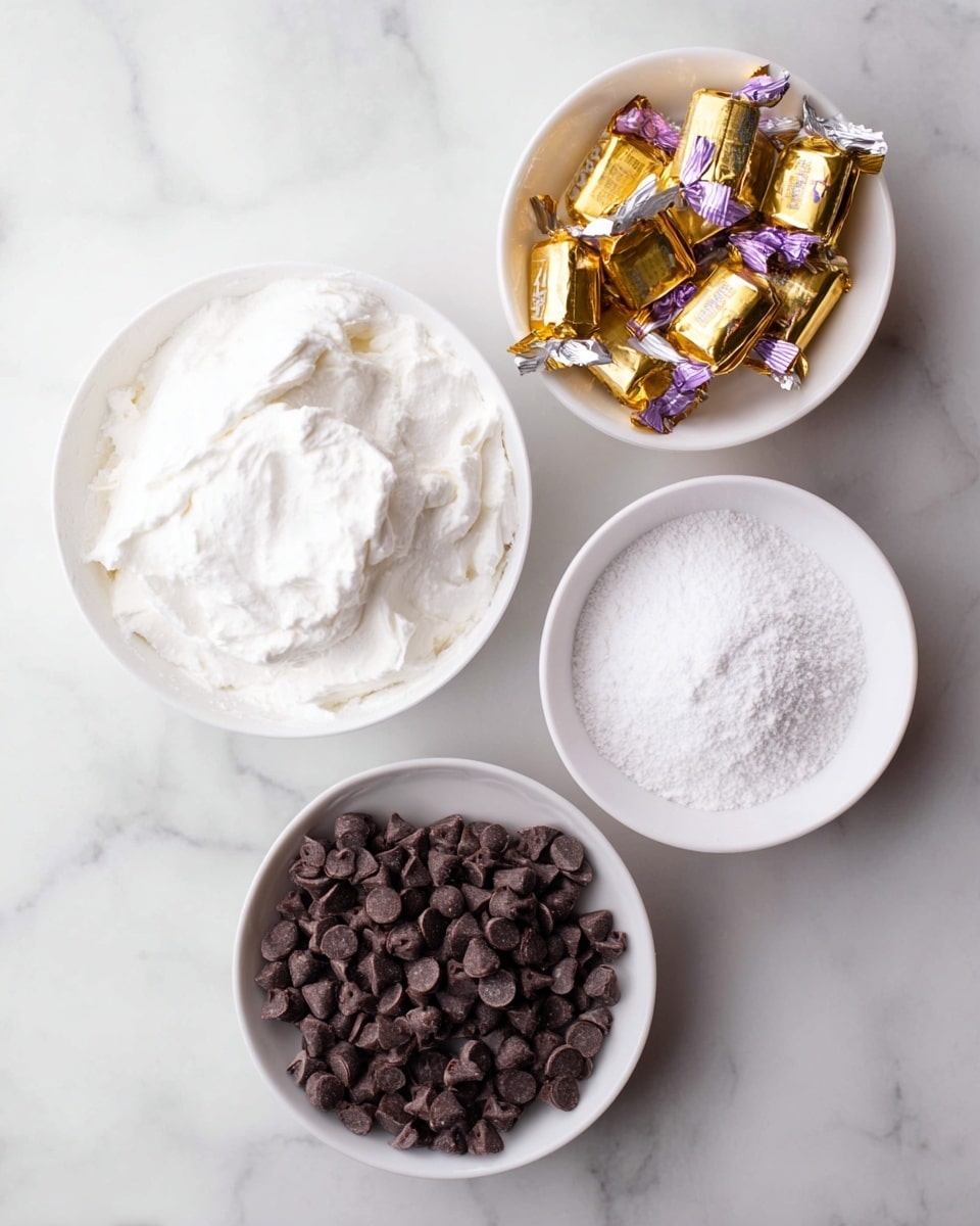 Four white bowls are shown on a white marbled surface. The top left bowl holds a thick, white creamy substance with a slightly uneven texture. Below it to the left is a bowl filled with fine white powder. To the right of the powder is a bowl containing wrapped caramels in shiny golden wrappers with purple trim. At the bottom center is a bowl full of small, dark brown chocolate chips. The bowls are arranged in a loose square shape. photo taken with an iphone --ar 4:5 --v 7