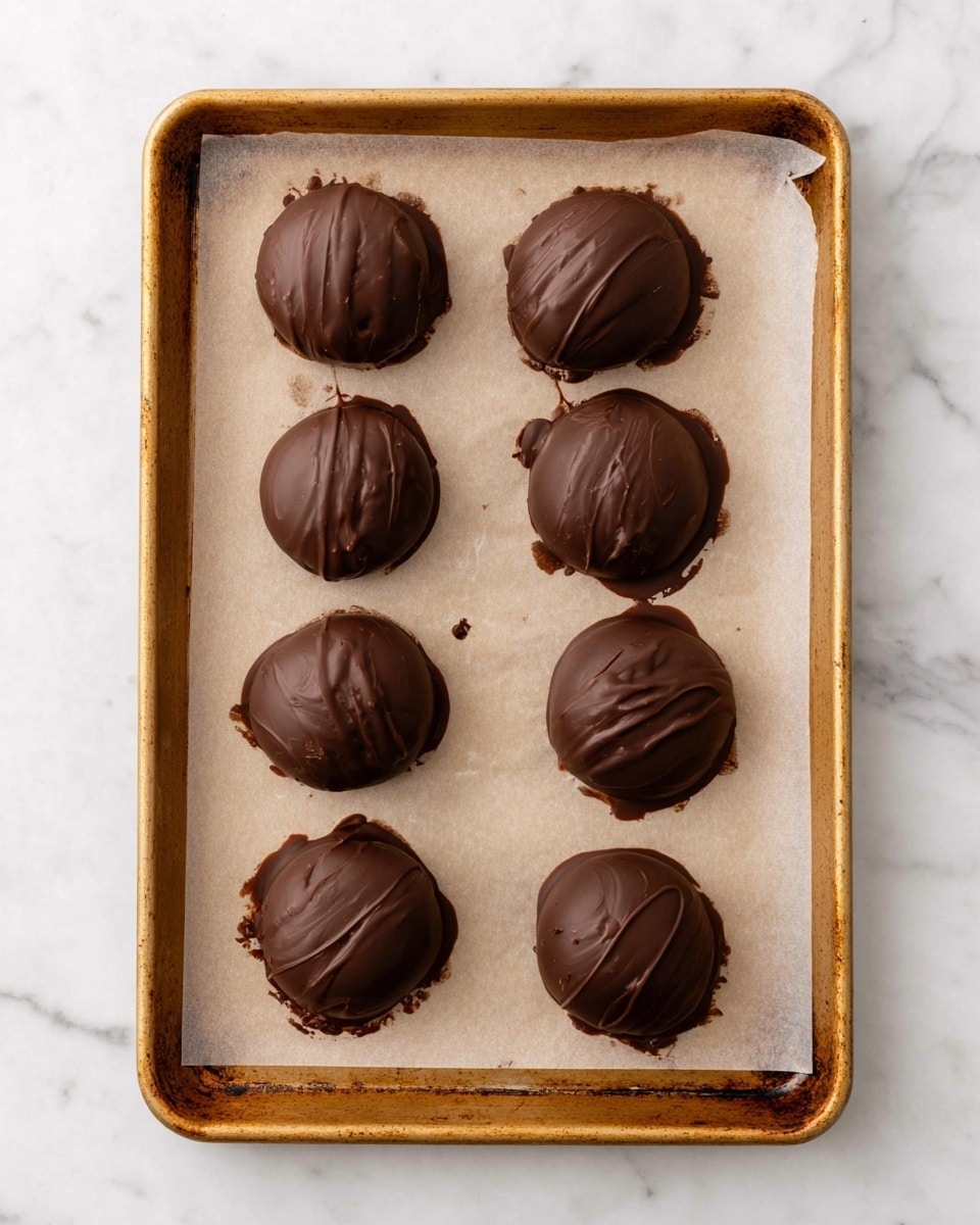 The image shows eight rounded chocolate-covered treats arranged in two vertical columns of four each, placed on a sheet of parchment paper inside a well-used golden brown baking tray. Each treat has a smooth, dark brown chocolate layer with gentle swirls and slight texture variations on the surface. The baking tray sits on a white marbled surface, and the parchment beneath the treats is wrinkled and slightly translucent, showing some chocolate smears around the sweets. photo taken with an iphone --ar 4:5 --v 7