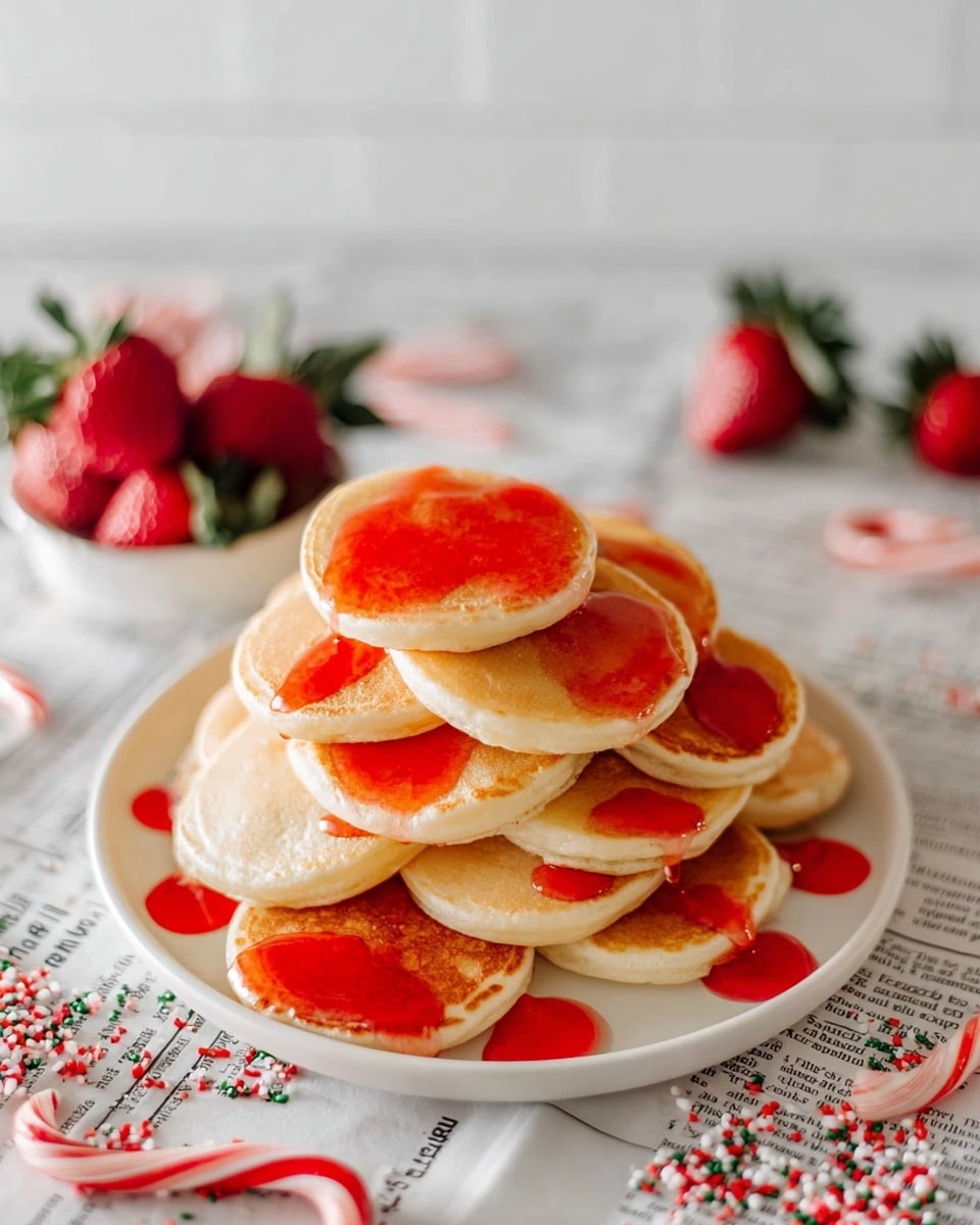 A white plate is filled with three layers of small, round pancakes that are light golden brown on top and white on the sides, stacked neatly in a petal-like pattern that forms a dome shape. The pancakes have a smooth surface with tiny holes in the center of each. In the background, there are three fresh strawberries with green tops, bright red in color, placed on a white marbled surface covered partly by black and white text paper. Scattered around the plate are small red and white pieces and a red and white striped candy cane on the right side. Photo taken with an iphone --ar 4:5 --v 7