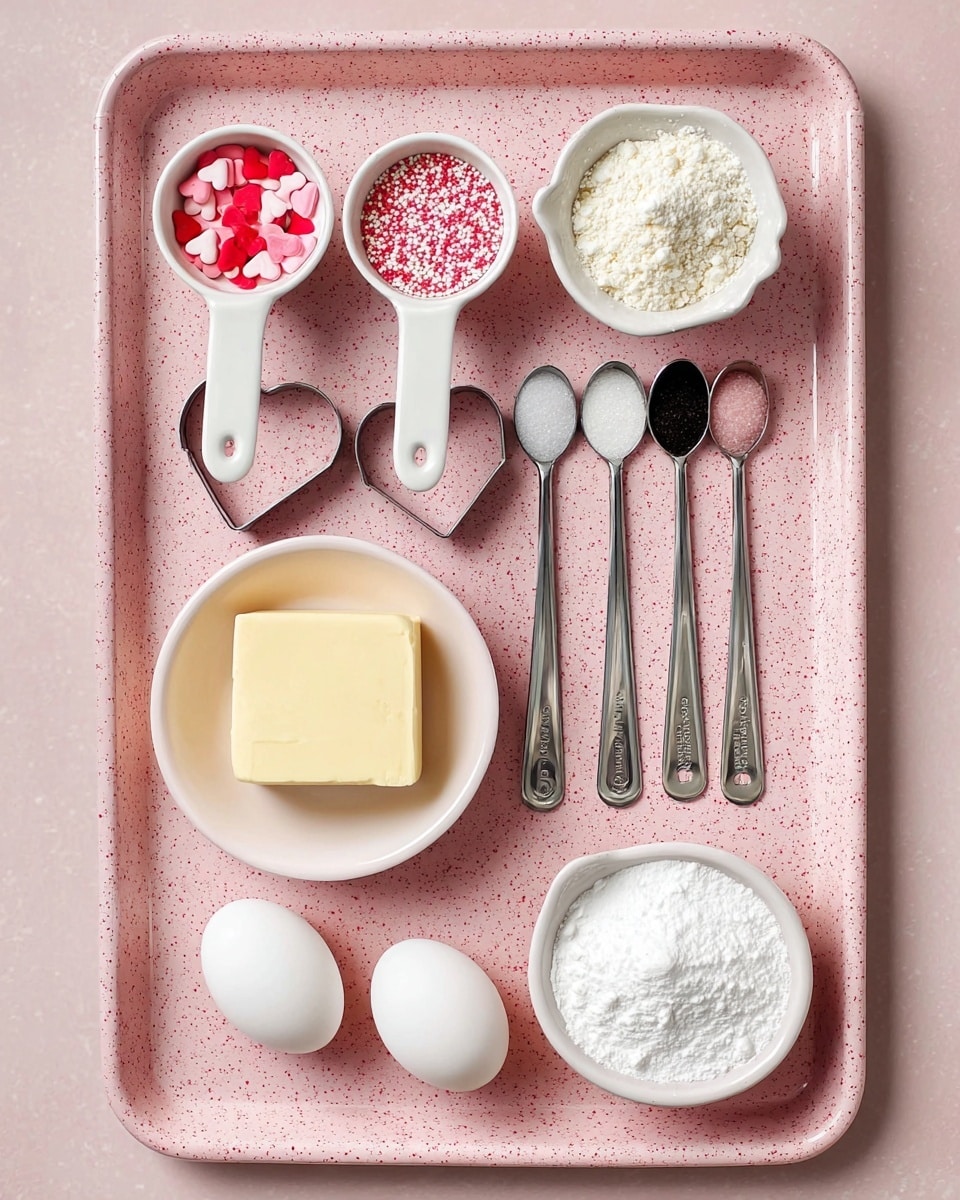 A pink speckled tray holds various baking ingredients and utensils neatly arranged. At the top, three white measuring cups contain red and pink heart-shaped sprinkles in the smallest cup on the left, flour in the middle largest cup, and white granulated sugar in the right cup. Below these, five metal measuring spoons lined up in descending size hold baking powder, a dark liquid extract, pink salt, and a small amount of milk. On the lower left corner, a white bowl contains a rectangular block of yellow butter, next to two white eggs resting on the tray. A white bowl filled with powdered sugar is placed at the lower right. Near the center left of the tray is a silver heart-shaped cookie cutter. The whole scene is set on a light pink background with the tray's soft color and subtle texture standing out clearly. photo taken with an iphone --ar 4:5 --v 7