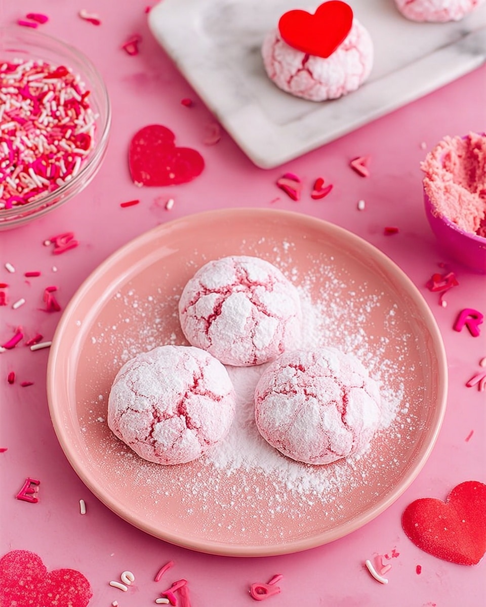The image shows three pink round cookies dusted with white powdered sugar on a pink plate filled with powdered sugar. Each cookie has a cracked texture with a soft, slightly rough surface. In the background, there is a white rectangular plate with two more cookies, each topped with a small red or pink heart-shaped decoration. Around the plates, small red and pink heart-shaped and letter-shaped sprinkles are scattered on a bright pink surface, which is actually a white marbled texture. A pink scoop with extra pink cookie dough is also visible in the bottom right corner. A bowl filled with the heart-shaped sprinkles is partially seen in the top left corner. photo taken with an iphone --ar 4:5 --v 7