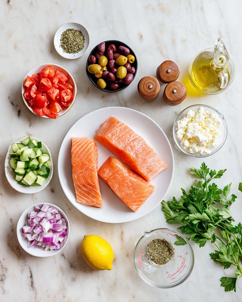 The image shows a white plate with four pieces of raw salmon fillets, each with a smooth, pinkish-orange texture, placed near the center on a white marbled surface. Around the plate, there are small white bowls holding diced red tomatoes, chopped green cucumbers, and purple-red chopped onions, each showing a fresh and crisp texture. A small black bowl with crumbly white cheese sits near the top center, while a transparent measuring cup contains a mix of dark red and brown olives. There are two lemon halves with bright yellow rind and juicy flesh positioned near some green parsley sprigs with leafy texture. Also visible are a glass bottle of olive oil with a metallic spout, and wooden salt and pepper shakers with a smooth, polished finish. A small white bowl holds dried herbs. photo taken with an iphone --ar 4:5 --v 7