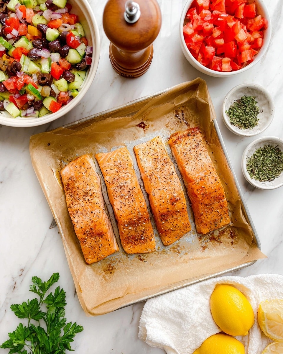 Four pieces of cooked salmon with a golden brown color and black pepper seasoning are placed in a single row on a baking tray lined with light brown parchment paper. To the left, there is a white bowl filled with a colorful mixed salad of chopped red tomatoes, green cucumbers, sliced olives, and onions. Above the tray, a wooden pepper grinder stands on the white marbled surface. To the right, a white bowl contains chunks of red tomatoes and another small white bowl holds green dried herbs. Fresh green parsley leaves and two halved yellow lemons rest on the white marbled surface near the bottom right corner, and a white cloth is laid near the bottom left. Photo taken with an iphone --ar 4:5 --v 7