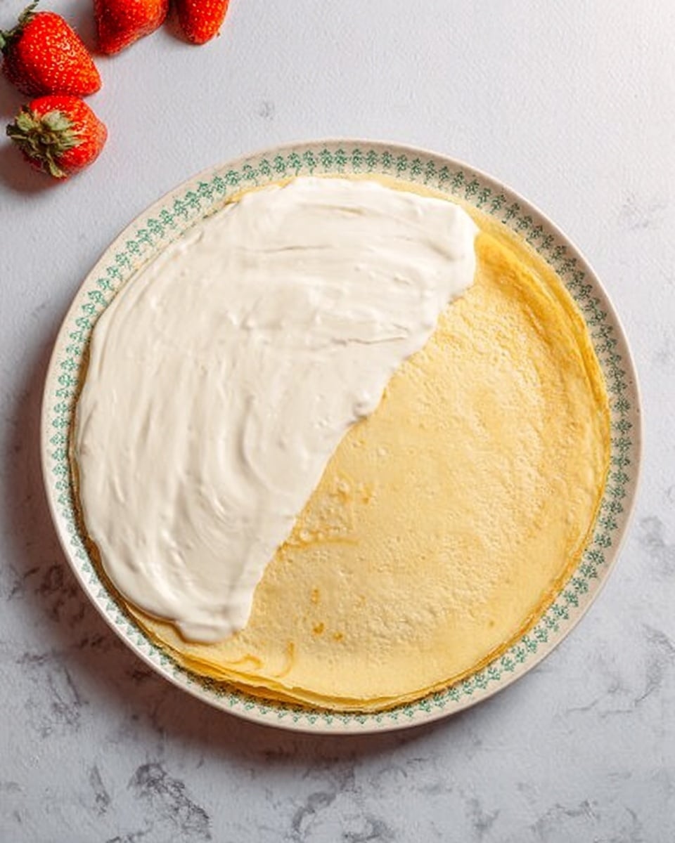 A white plate with a green pattern around the edge holds a single thin crepe that covers the plate almost fully. On the left half of the crepe, there is a thick layer of smooth white cream spread evenly, showing soft and light texture with swirls. The right half of the crepe is plain, showing a golden yellow color with some light brown spots. The plate sits on a white marbled surface with a few red strawberries placed around it. photo taken with an iphone --ar 4:5 --v 7