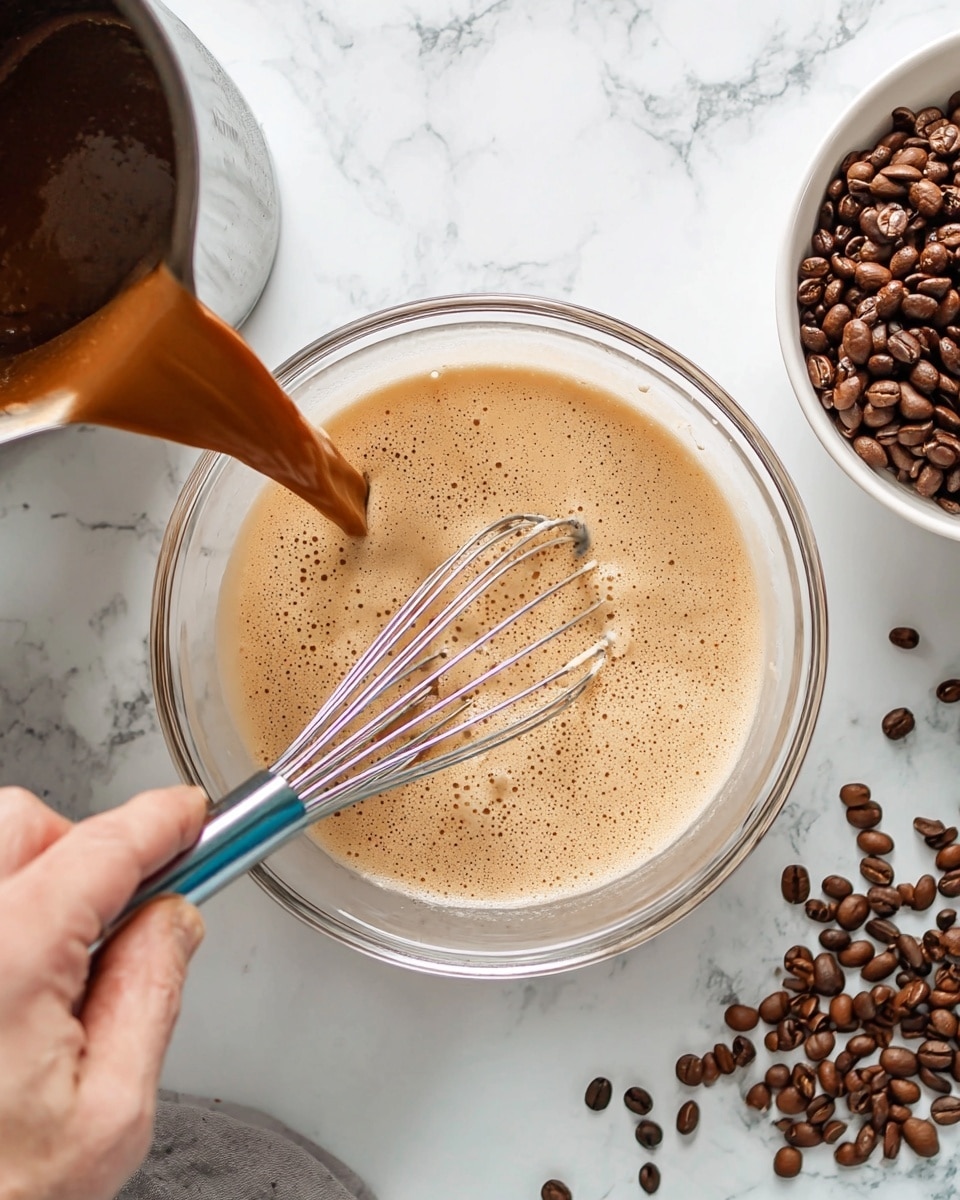 A clear glass bowl on a white marbled surface shows a foamy light brown liquid being mixed by a woman's hand holding a whisk with a blue handle inside the bowl. From the left top corner, a pot with a shiny metal handle pours a darker brown liquid into the bowl. On the right side of the image, a white bowl filled with shiny brown coffee beans sits next to scattered coffee beans on the white marbled surface. Photo taken with an iphone --ar 4:5 --v 7