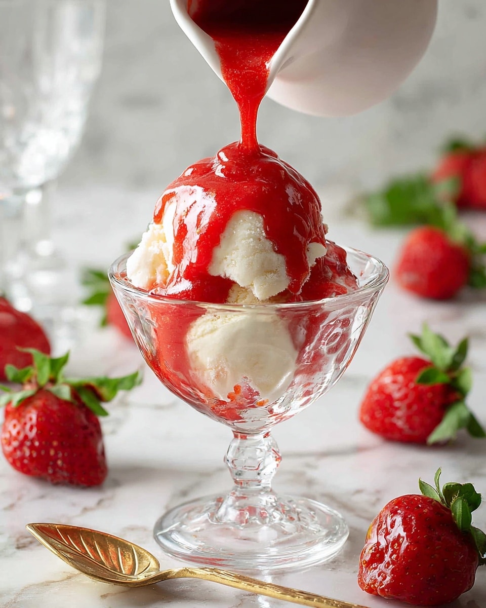 A clear glass dessert cup holds one scoop of creamy vanilla ice cream, with bright red strawberry sauce being poured over it from a white pitcher, draping down the ice cream and pooling slightly at the base inside the cup. The cup sits on a white marbled surface surrounded by fresh whole strawberries and a golden spoon shaped like a leaf lies next to it. In the background, glasses softly blur, adding depth to the scene. photo taken with an iphone --ar 4:5 --v 7