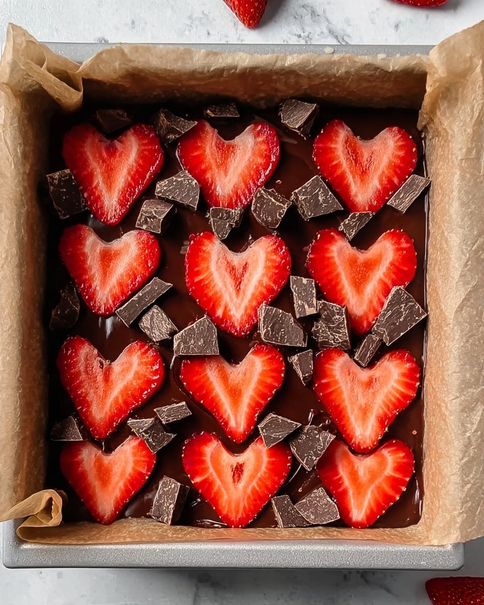 A square pan filled with a dark chocolate dessert forms the base layer, topped with large bright red strawberry halves arranged evenly across the surface in heart shapes. Scattered between the strawberries are small chunks of dark chocolate, adding texture. The pan is lined with light brown parchment paper that extends beyond the edges, and everything is placed on a white marbled surface. Photo taken with an iphone --ar 4:5 --v 7