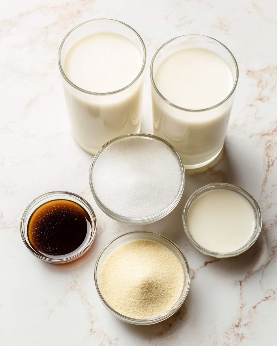 The image shows five clear glass containers arranged on a white marbled surface. There are two tall glasses filled with a creamy white liquid placed at the back, with a small round bowl filled with white granulated sugar centered in front of them. To the bottom left is a small round bowl containing a dark brown liquid, and to the bottom right is another small round bowl holding a fine light yellow powder. The overall setup is clean and simple, with a focus on the different textures and colors of the ingredients, photo taken with an iphone --ar 4:5 --v 7