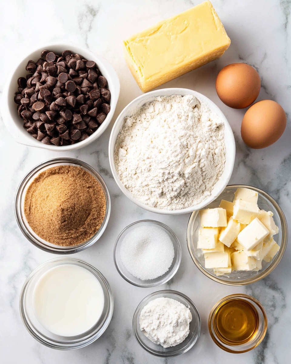 The image shows various baking ingredients arranged neatly on a white marbled surface. There is a white bowl filled with dark and milk chocolate chips on the top left, next to a block of yellow butter and two brown eggs on the top right. Below, there is a large white bowl filled with white flour. To the left of the flour, a clear glass bowl holds light brown sugar, while another clear bowl contains white granulated sugar below it. Beside the sugar, there is a small bowl with a white creamy substance, and another small bowl contains a golden liquid, likely vanilla extract. There are three small glass bowls with white powders, probably baking soda, salt, and another ingredient, placed near a clear bowl holding cream cheese cubes and one more brown egg near the bottom right. Photo taken with an iphone --ar 4:5 --v 7