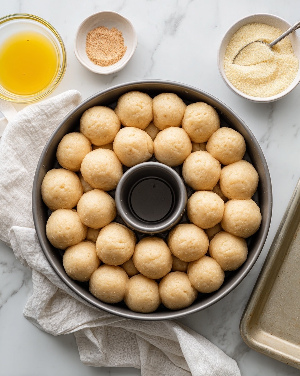 A grey bundt pan filled with two layers of small, round dough balls that are light beige and have a soft, smooth texture, arranged neatly around the center hole. The pan is placed on a white marbled surface surrounded by a white cloth, a small bowl of light brown sugar, a clear glass bowl with melted yellow butter, and a rectangular baking tray lined with white parchment paper. The scene has a clean and bright kitchen feel. photo taken with an iphone --ar 4:5 --v 7