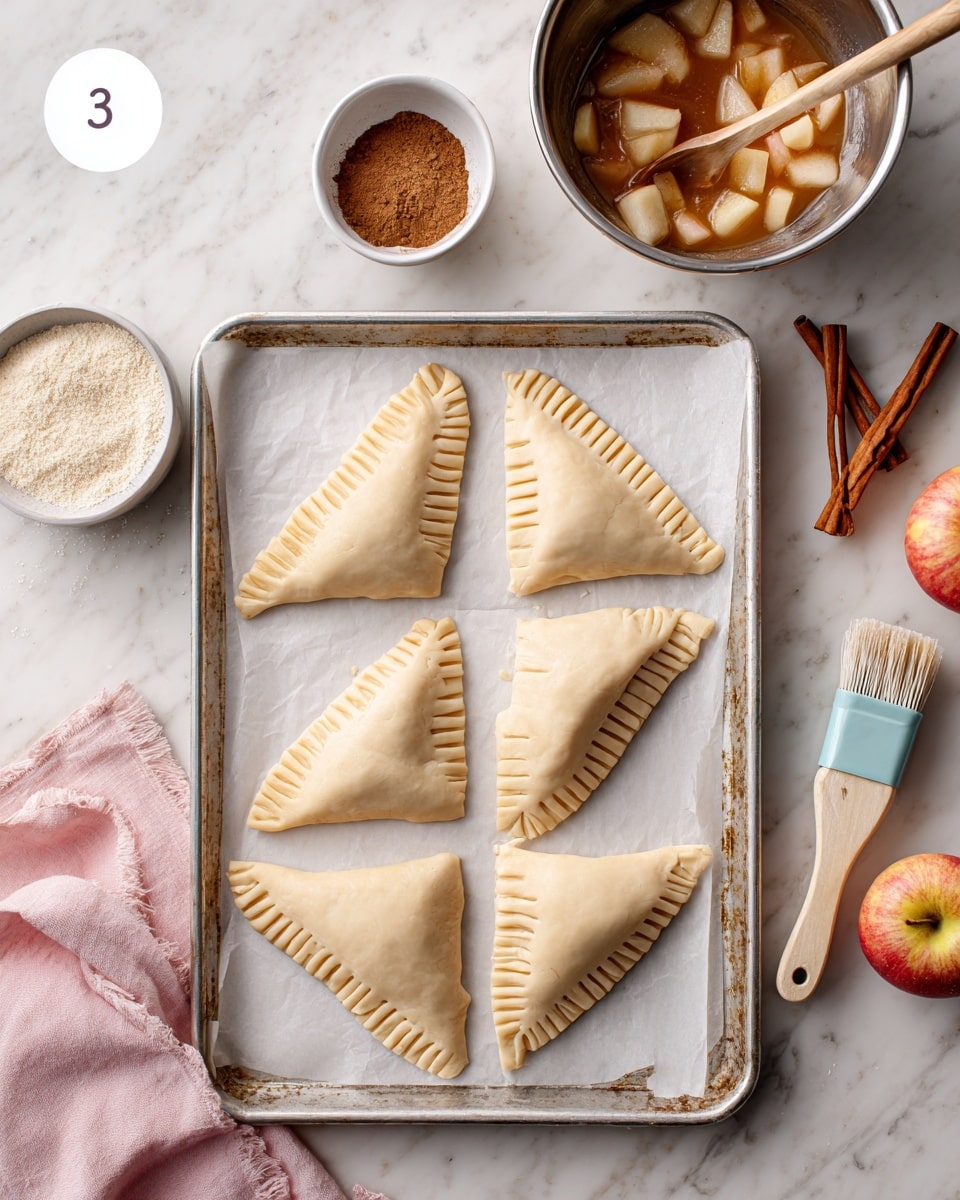 The image shows seven golden brown, triangular pastries with a flaky texture arranged on a black wire cooling rack over a white marbled surface. A woman's hand holding a spoon is pouring a thick, white glaze onto the pastry in the center front. The glaze is dripping in smooth streams, creating a soft contrast against the crispy surface of the pastry. In the background, there are blurred shapes of a white bowl and part of an apple on the white marbled surface. Photo taken with an iphone --ar 4:5 --v 7