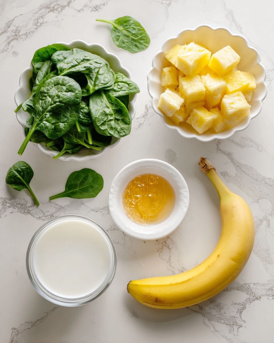 The image shows several ingredients on a white marbled surface, arranged neatly and labeled with text. There is a white bowl filled with fresh green spinach leaves on the bottom left. Above it is a small white bowl with golden honey. To the right of the honey is a white fluted bowl filled with yellow pineapple cubes. A whole yellow banana lies to the right of the pineapple bowl. Below the banana is a clear glass filled with white milk. A few loose spinach leaves are scattered between the containers, adding detail. The overall look is clean, fresh, and bright. photo taken with an iphone --ar 4:5 --v 7