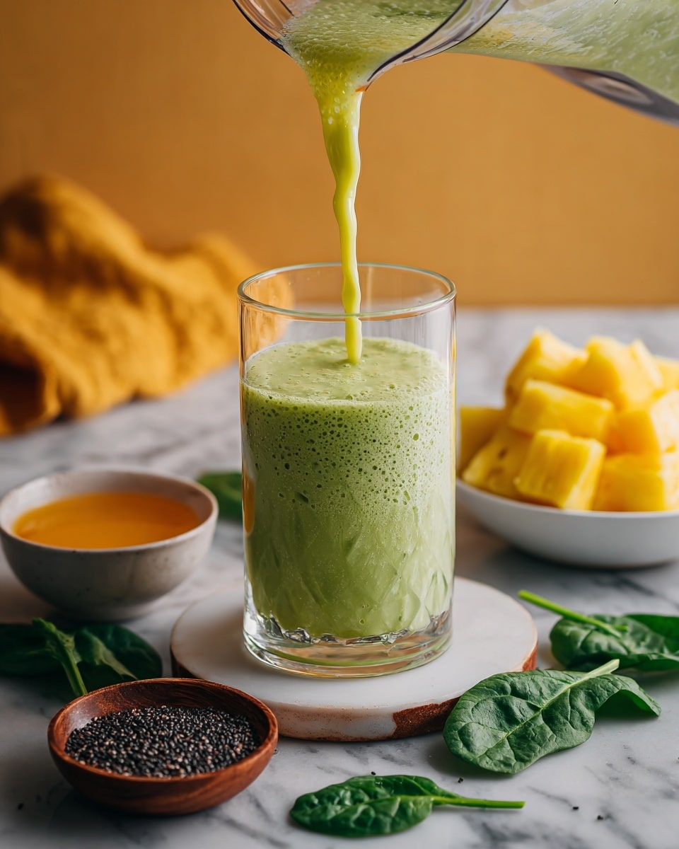 A clear glass is filled with a light green smoothie that has a smooth and slightly frothy texture, being poured from a blender container above. The glass sits on a white coaster on a white marbled surface. Around the glass are fresh dark green spinach leaves, a small wooden bowl with orange liquid, a white bowl containing small black seeds, and a white plate holding yellow pineapple chunks. In the top left corner, there is a mustard yellow cloth partly visible. Photo taken with an iphone --ar 4:5 --v 7