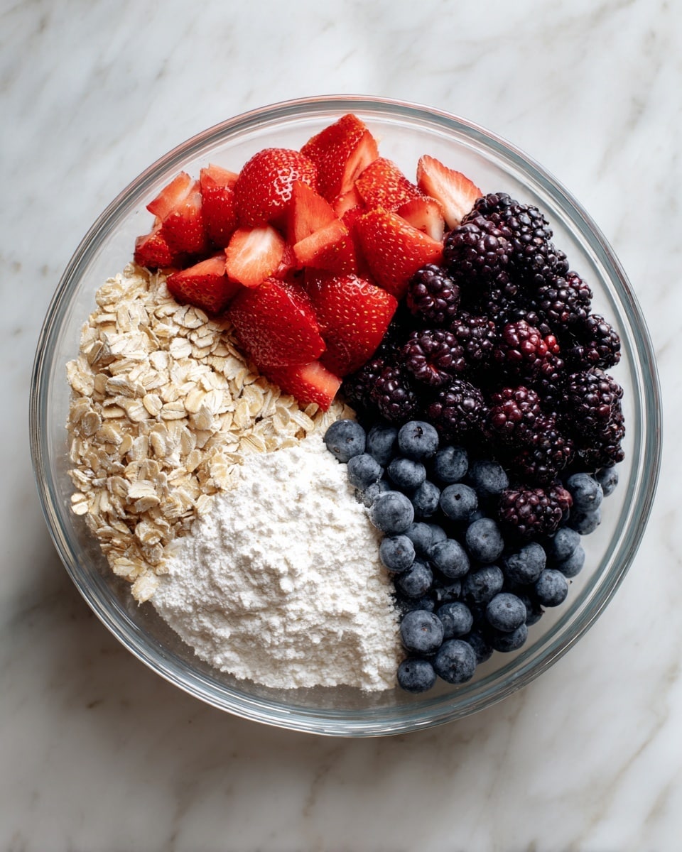 In a white bowl, there are four distinct layers: at the bottom left, light tan rolled oats with a coarse texture, next to them on the bottom right are round, plump blueberries with a deep blue-purple color and a slight frosty sheen; above the oats and blueberries is a fluffy white powder layer of flour; and on the top left and top right corners are bright red sliced strawberries and dark purple-black blackberries, all fresh and spread separately in clusters. The bowl rests on a white marbled surface. Photo taken with an iphone --ar 4:5 --v 7