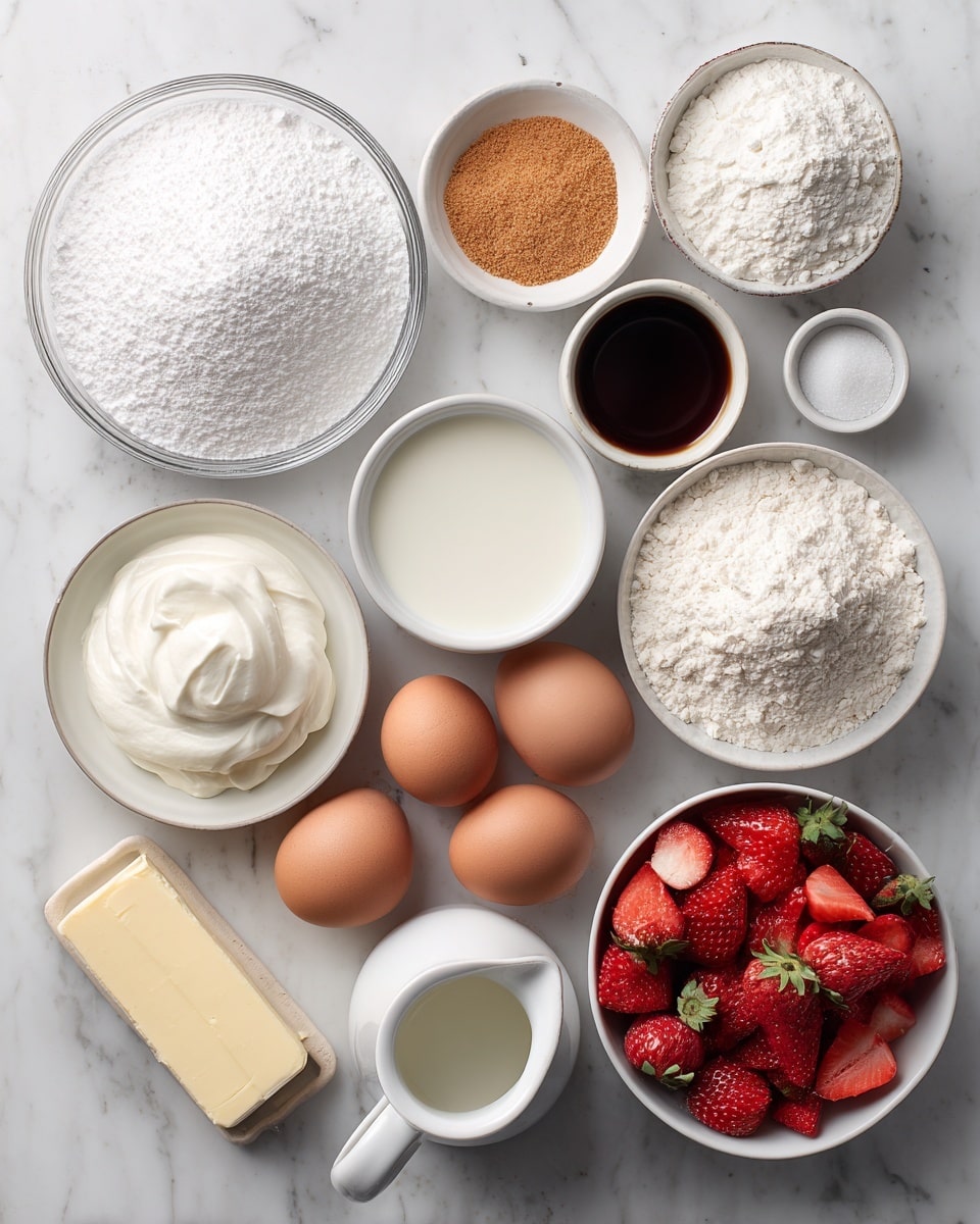 The image shows an overhead view of various baking ingredients arranged separately on a white marbled surface. There are nine containers and two eggs forming a loosely circular pattern: a large clear bowl of powdered sugar at top left, a small white bowl of turbinado sugar just above center, a small white bowl of baking powder at top right, a white bowl of sour cream in the middle, a small clear bowl of milk just to the right of sour cream, a white bowl of chopped red strawberries on the bottom right, a white bowl of sugar next to the strawberries, two brown eggs placed between the sugar and a white pitcher filled with flour on the bottom left, a small white bowl of salt above the sugar bowl, a small white cup of dark brown vanilla extract next to the butter, and a stick of partly unwrapped butter on the bottom left. All the ingredients and their containers are distinct and neatly placed, creating a clean and organized layout photo taken with an iphone --ar 4:5 --v 7