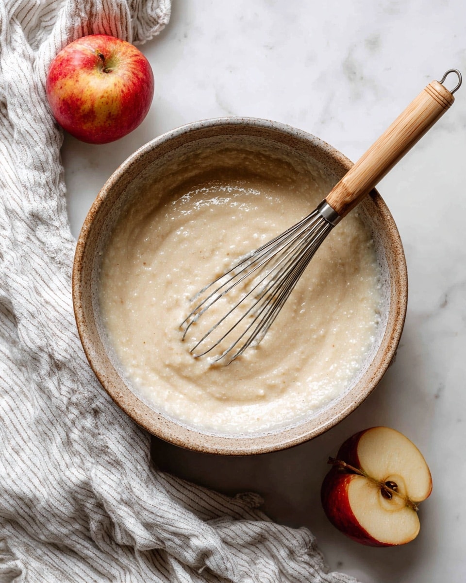 A tall stack of five thick, golden-brown pancakes sits in the center of a white plate with a speckled pattern. On top of the pancakes is a layer of cooked apple chunks mixed with pecan halves, giving a warm orange and brown color contrast. Above this is a dollop of white cream topped with small bits of pecans. Around the plate are scattered pieces of apple and pecan for decoration. The scene is set on a white marbled surface with a blurred background featuring a clear glass bottle filled with milk, a white cup, and some stacked white plates. A silver fork rests on the plate next to the pancakes. Photo taken with an iphone --ar 4:5 --v 7