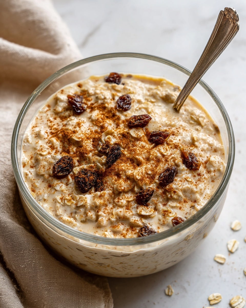A clear glass bowl holds a creamy mixture with light brown and orange tones, showing a slightly bubbly texture on the surface. There are oats and dark raisins scattered mostly on the right side and within the mix, with a sprinkle of fine brown powder that looks like cinnamon covering the top. A silver spoon rests inside the bowl, angled from the rim toward the center. The bowl sits on a white marbled surface, next to a soft beige cloth. photo taken with an iphone --ar 4:5 --v 7