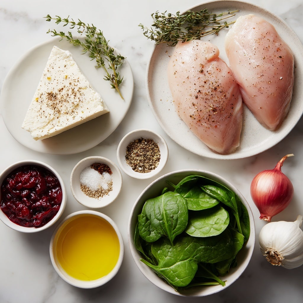 Two raw chicken breasts lie open on a round white plate on a white marbled surface. Each chicken breast is seasoned with herbs and pepper. Inside each breast, from bottom to top, there is a layer of red cranberry sauce, a layer of chopped cooked spinach mixed with finely chopped onions, and a thick slice of white brie cheese on top. To the upper left side of the plate, there is a small white bowl filled with chunky red cranberry sauce. A few wooden toothpicks scattered near the top right corner of the plate. Photo taken with an iphone --ar 4:5 --v 7