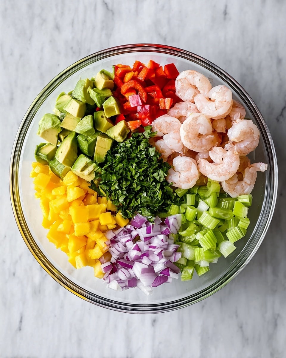 A clear glass bowl sits on a white marbled surface holding six sections of ingredients in neat groups. Starting from the top left, there are medium green avocado cubes with a smooth texture, next to bright red diced bell peppers. To the right, pale pink cooked shrimp with a slight curve and firm texture are stacked closely. Below the shrimp, light green celery pieces with a crunchy look are placed beside finely chopped dark green cilantro in the center. Near the bottom left, small purple and white onion cubes rest above bright yellow mango chunks, all vibrant and fresh. The colors and textures create a bright and clean look. Photo taken with an iphone --ar 4:5 --v 7
