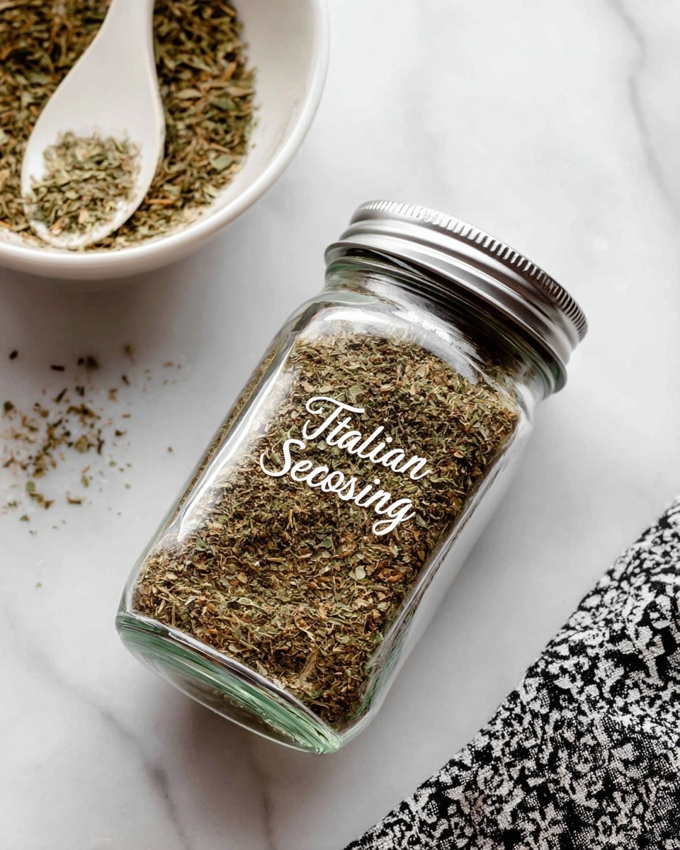 A clear glass seasoning jar with a silver metal lid filled with coarse brown and green dried Italian seasoning herbs. The jar is placed at a slight angle on a white marbled surface. To the left, there is a white bowl containing some of the same dry herbs and a white plastic spoon resting inside it. On the right side of the image, a black and white patterned cloth is partially visible. The words