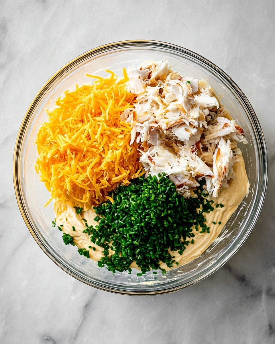 A clear glass bowl on a white marbled surface filled with four main layers: the bottom layer is a creamy light beige mixture spread around the bowl’s edges, on top of that is a pile of white crab meat pieces with some brownish edges, to one side is a heap of finely chopped bright green chives, and next to it a pile of shredded orange cheddar cheese, all these layers are separate and not yet mixed. photo taken with an iphone --ar 4:5 --v 7