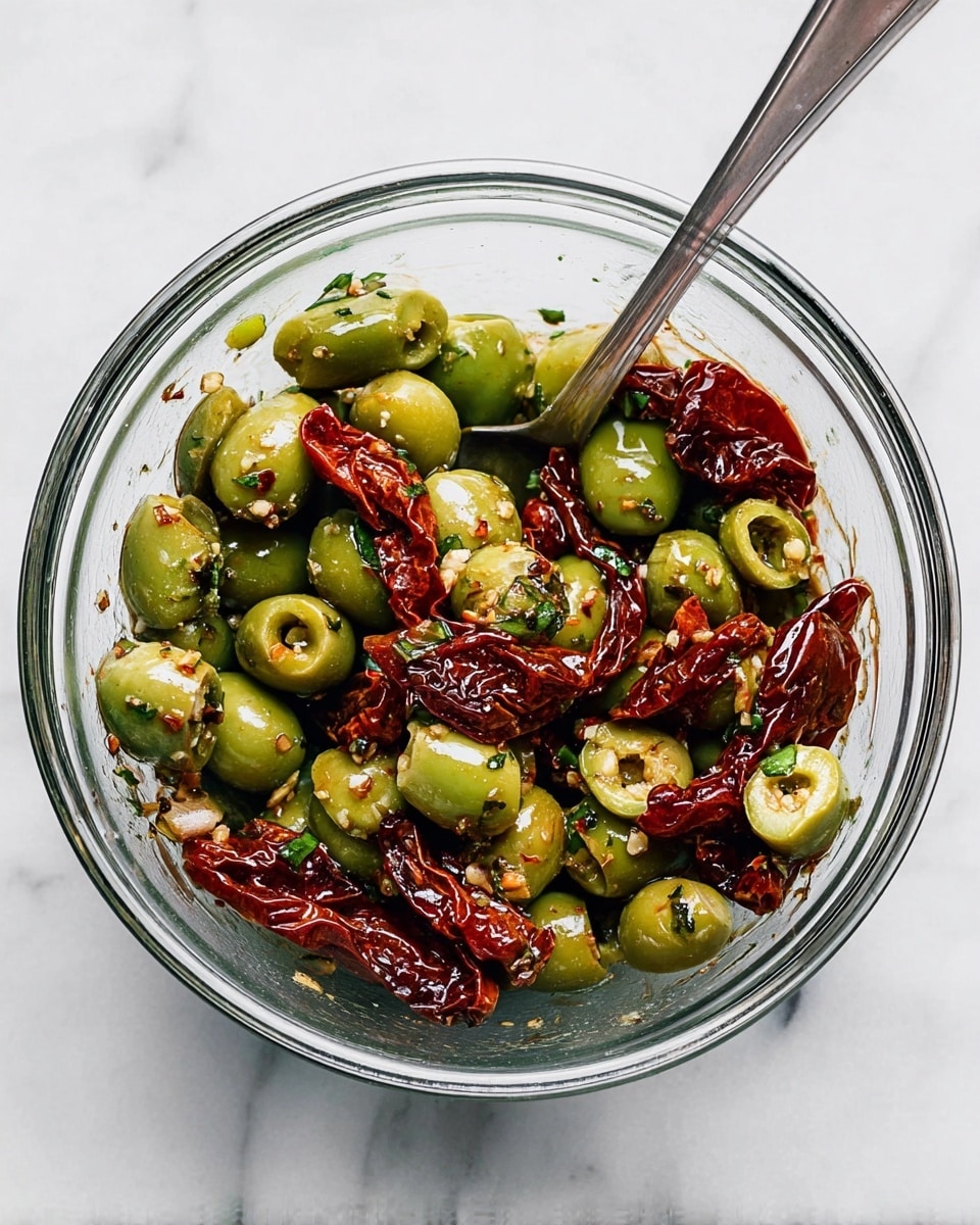 A clear glass bowl sits on a white marbled surface filled with a mix of green olives, some whole and some sliced, and sun-dried tomatoes that are deep red with a wrinkled texture. The ingredients are coated in a shiny layer of olive oil and small bits of herbs and garlic are scattered throughout. A silver spoon rests inside the bowl, partially covered by the olives and tomatoes. The colors are mainly green and deep red with the glistening oil adding a glossy look, all contained in the transparent bowl showing the mixture clearly from top view photo taken with an iphone --ar 4:5 --v 7