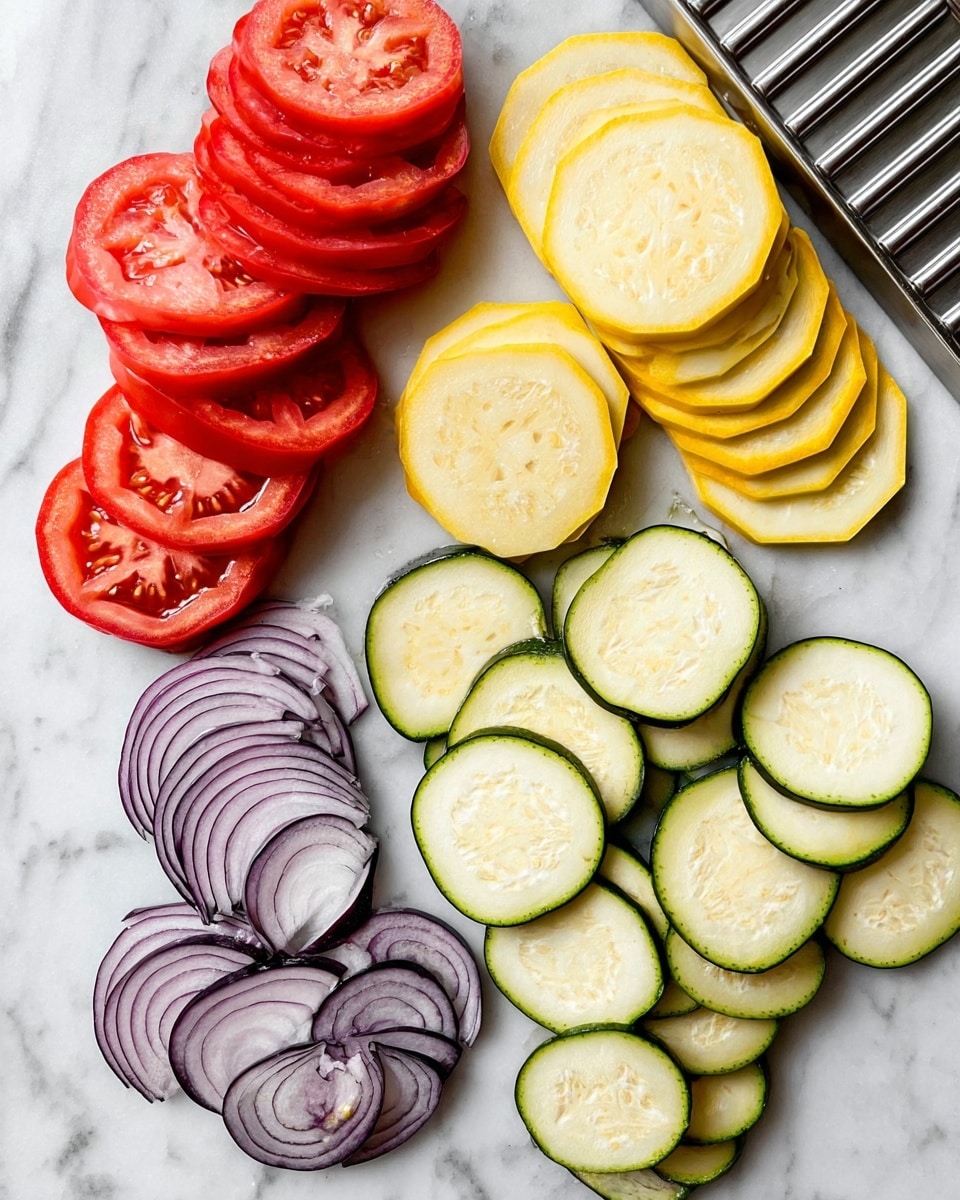 The image shows thin slices of red tomatoes, yellow squash, green zucchini, and purple eggplant arranged in separate groups on a white marbled surface. The tomato slices are stacked on the top left, the yellow squash slices are at the top right, the zucchini slices are below the yellow squash and spread beside a shiny silver slicer with black handles, and the eggplant slices are at the bottom left in a small stack with some slices spread out. The textures show fresh, moist, and smooth vegetable surfaces. Photo taken with an iphone --ar 4:5 --v 7