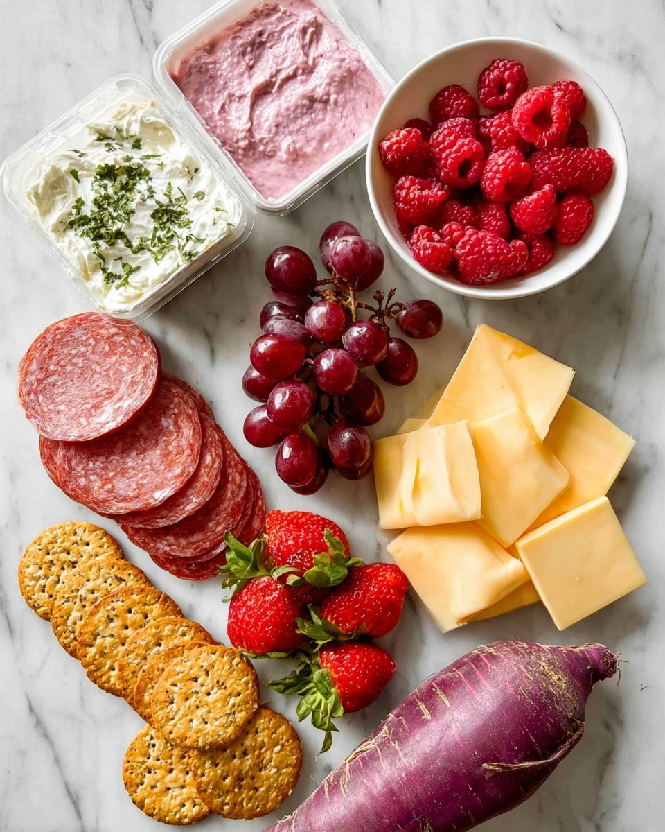 The image shows a spread of small food items arranged on a white marbled surface. There are two small containers, one with a creamy white dip with green herbs and another with a bright pink dip. Nearby, a small white bowl holds fresh red raspberries. Next to it, a cluster of red grapes and several bright red strawberries with green leaves lay scattered. A pack of thinly sliced round salami rests beside a neat stack of square yellow cheese slices. Below them, there is a line of round, golden-brown crackers with visible seeds. At the bottom, a large purple root vegetable, likely a radish or beet, is placed. photo taken with an iphone --ar 4:5 --v 7
