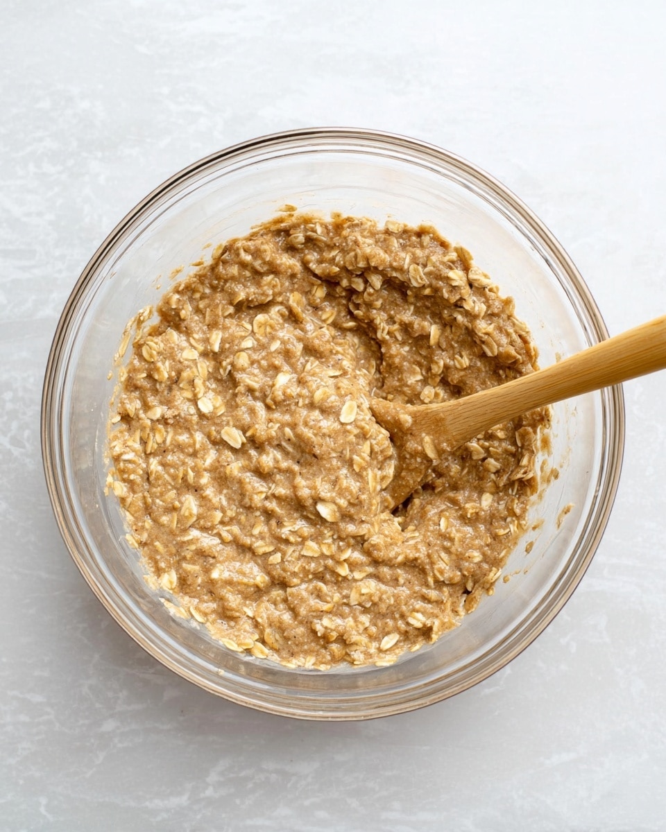 A clear glass bowl filled with a thick, sticky mixture of light brown oatmeal, visible with whole oat flakes giving a rough, chunky texture. A light wooden spoon is partially dipped into the mixture, resting on the right side of the bowl. The bowl sits on a white marbled surface. Photo taken with an iphone --ar 4:5 --v 7