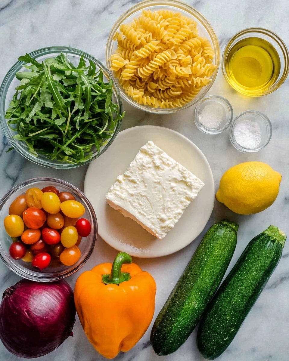 The image shows several cooking ingredients arranged on a white marbled surface. At the center, there is a white plate with a large block of white cheese on the right side and a small glass bowl of yellow oil and another tiny glass bowl with white salt on the left side. Below the plate is a bright yellow lemon. To the right of the lemon are two long, smooth, green zucchinis placed side by side. Above them is an orange bell pepper with a green stem. In the top center, a clear glass bowl is filled with yellow spiral pasta. To the left, a clear bowl holds fresh green arugula leaves. At the bottom left, there is a clear bowl filled with colorful small tomatoes, including red, yellow, and orange. Next to it is a large, round, dark purple onion. photo taken with an iphone --ar 4:5 --v 7