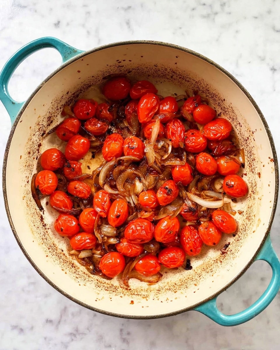 A white cast iron pot with teal handles contains a cooked mixture of bright red halved cherry tomatoes and thin, dark brown caramelized onion strips scattered evenly inside. The inner surface of the pot shows some brown seared bits and juices around the vegetables, giving a rustic and rich look. The pot sits on a white marbled textured surface. photo taken with an iphone --ar 4:5 --v 7
