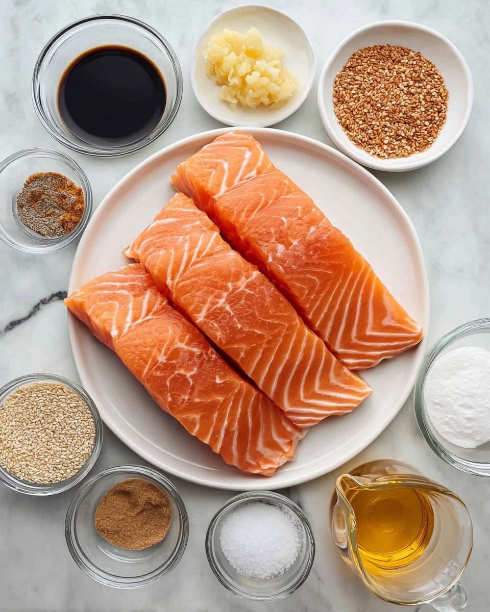 The image shows four raw salmon fillets with orange-pink color and white lines, neatly placed side by side on a white plate at the center. Surrounding the plate on a white marbled surface are small glass bowls and a white bowl with different ingredients: dark soy sauce in a large clear bowl at the top center, minced ginger and garlic side by side on a small white plate to the top right, golden brown sugar in a white bowl at the bottom right, white starch powder in a small clear bowl at the bottom left, light brown sesame seeds in a clear bowl to the right, clear liquid in a small glass bowl below the sesame seeds, another golden liquid in a small glass pitcher to the right of the plate, and black pepper with salt mixed together in a small clear bowl at the upper left. The scene is bright and clear, photo taken with an iphone --ar 4:5 --v 7