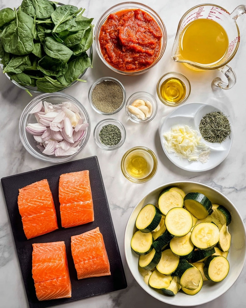 The image shows fresh ingredients arranged on a white marbled surface. There are four bright orange salmon pieces laid flat on a black rectangular board in the bottom left. To the right, a white bowl is full of sliced yellow and green zucchini. Above the zucchini, a small white plate holds different dry herbs and spices in separate piles, including green, beige, and white shades. To the left, a glass bowl contains thinly sliced light purple shallots. Nearby, another transparent glass bowl has a chunky red tomato sauce. Above that, a measuring cup holds a yellowish broth. To the left of the broth, a small glass cup has a golden liquid, likely oil. Above, a small bowl is filled with freshly cut green herbs. On the top left corner, there is a bunch of fresh green spinach leaves. A small glass bowl with white creamy sauce sits near the salmon. The setup is neat and colorful with fresh and healthy ingredients. Photo taken with an iphone --ar 4:5 --v 7