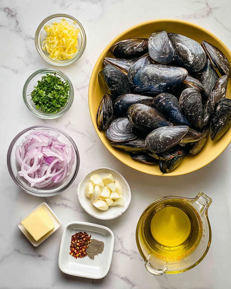 A large round yellow bowl holds several whole black mussels with shiny, rough shells, stacked closely together. Nearby, small clear glass bowls contain thinly sliced light purple shallots, chopped fresh green herbs, and bright yellow lemon zest. A small white bowl shows minced white garlic, while a small clear dish holds a pale yellow square of butter. A transparent measuring cup is filled with golden cooking oil, placed in the foreground. A small white square plate holds crushed black pepper and red chili flakes. All items are arranged neatly on a white marbled surface. Photo taken with an iphone --ar 4:5 --v 7