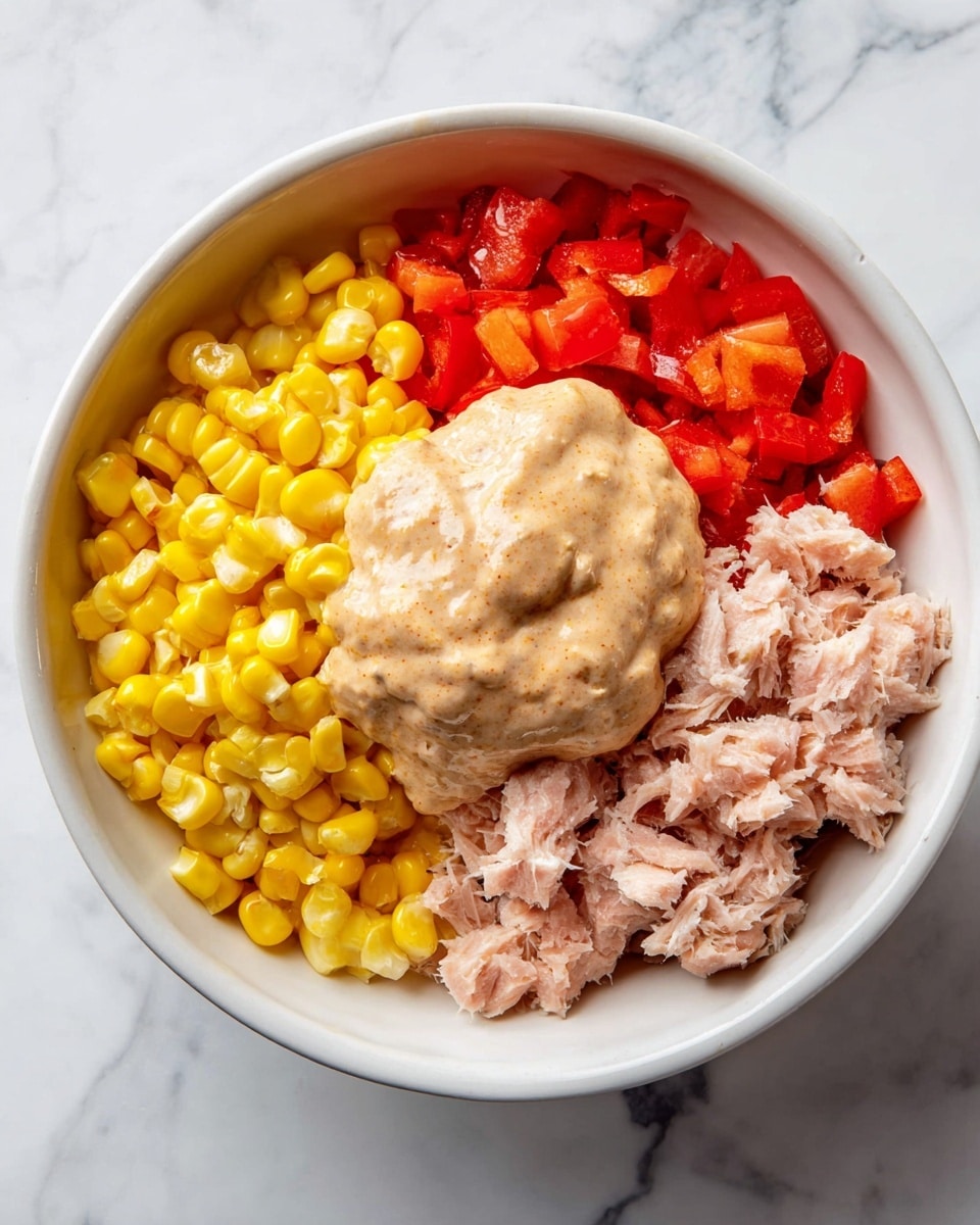 A white bowl is shown on a white marbled surface, filled with three visible layers of food arranged side by side inside. On the left side, there are bright yellow corn kernels with a shiny and smooth texture. On the top side, there are small diced pieces of red bell pepper with a fresh and slightly glossy look. On the right side, there is flaky, pale pink tuna with a soft texture. In the center on top of these, there is a large dollop of light brown creamy sauce with a thick, slightly textured surface. Photo taken with an iphone --ar 4:5 --v 7