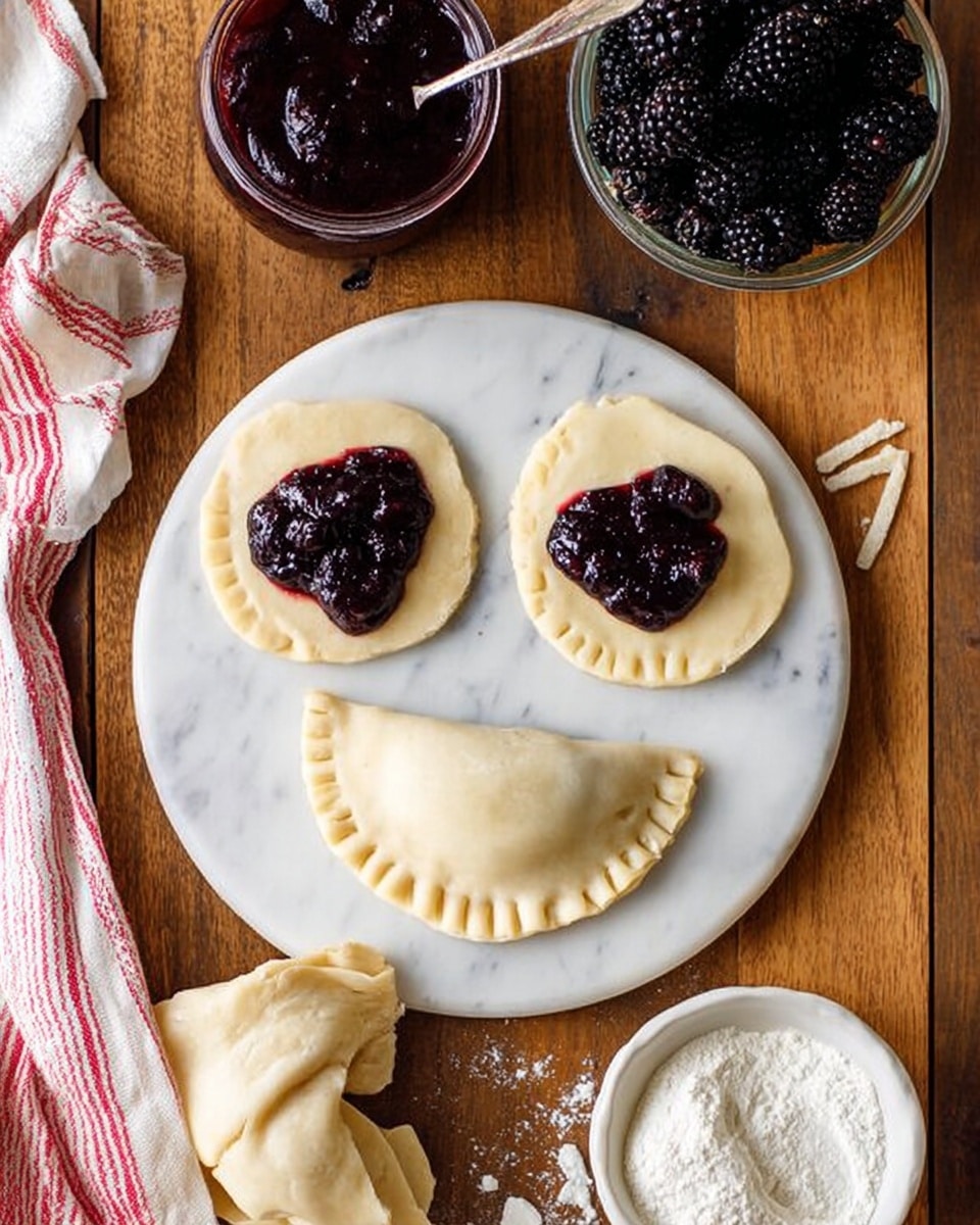 On a white marble round board placed on a wooden table, there are two flat circular dough pieces side by side, each topped with a small pile of dark purple blackberry filling. Below these, there is a folded half-moon shaped dough piece with crimped edges. To the right, there is some dough folded loosely in a small pile. Above, there is a glass bowl filled with a glossy blackberry jam and a spoon resting inside, a clear small empty glass jar, a glass bowl filled with whole fresh blackberries, and a white dish of powdered sugar with some scooped out. A striped red and white cloth is partially visible at the bottom left corner. photo taken with an iphone --ar 4:5 --v 7