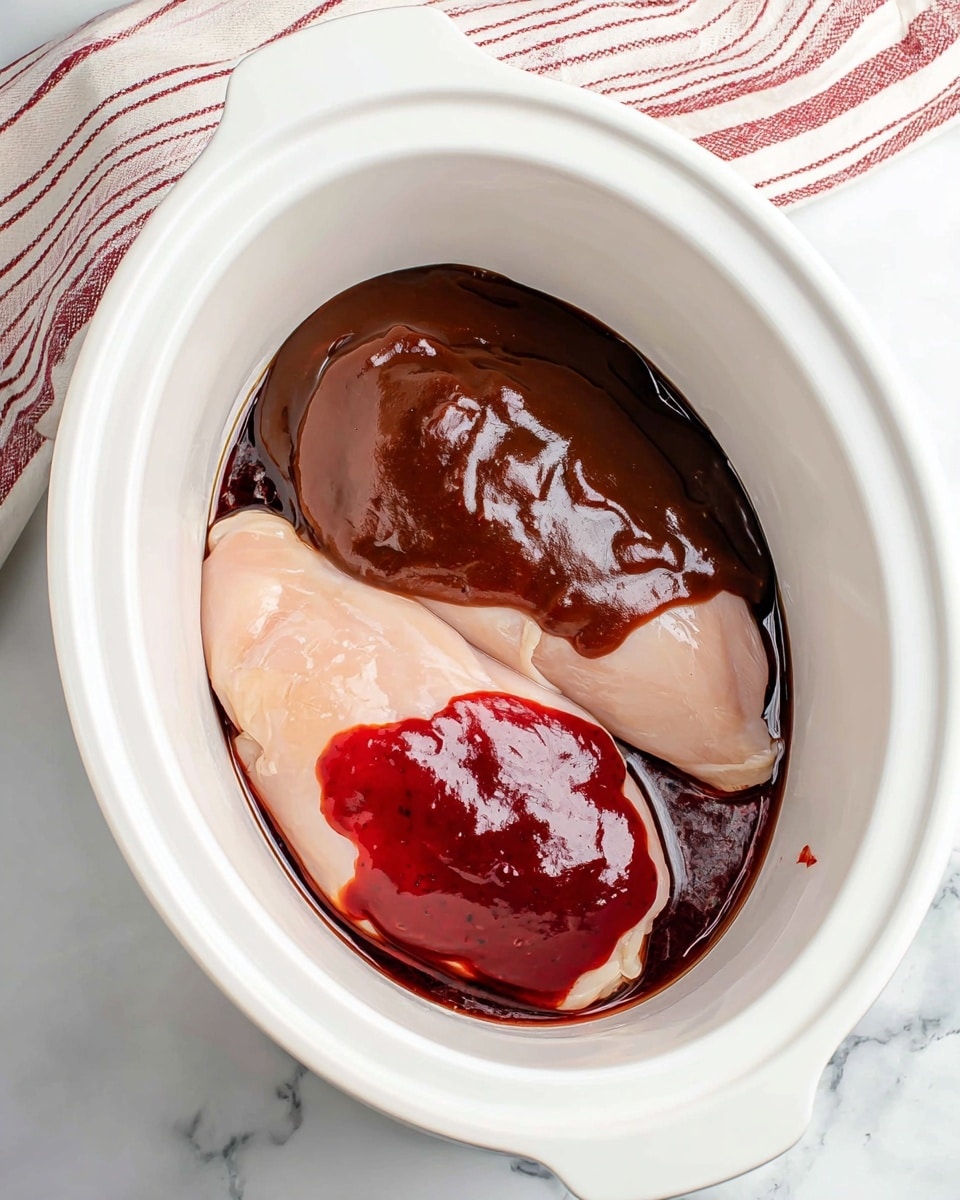 Inside a white slow cooker, there are two smooth, pale pink raw chicken pieces, one on top of the other. The top chicken piece is covered with a thick, shiny dark brown sauce that has a rich texture. The bottom chicken piece has a bright, glossy red sauce spread over it, with some drops pooling around the edges. The slow cooker is placed on a white marbled surface with a red and white striped cloth nearby. photo taken with an iphone --ar 4:5 --v 7