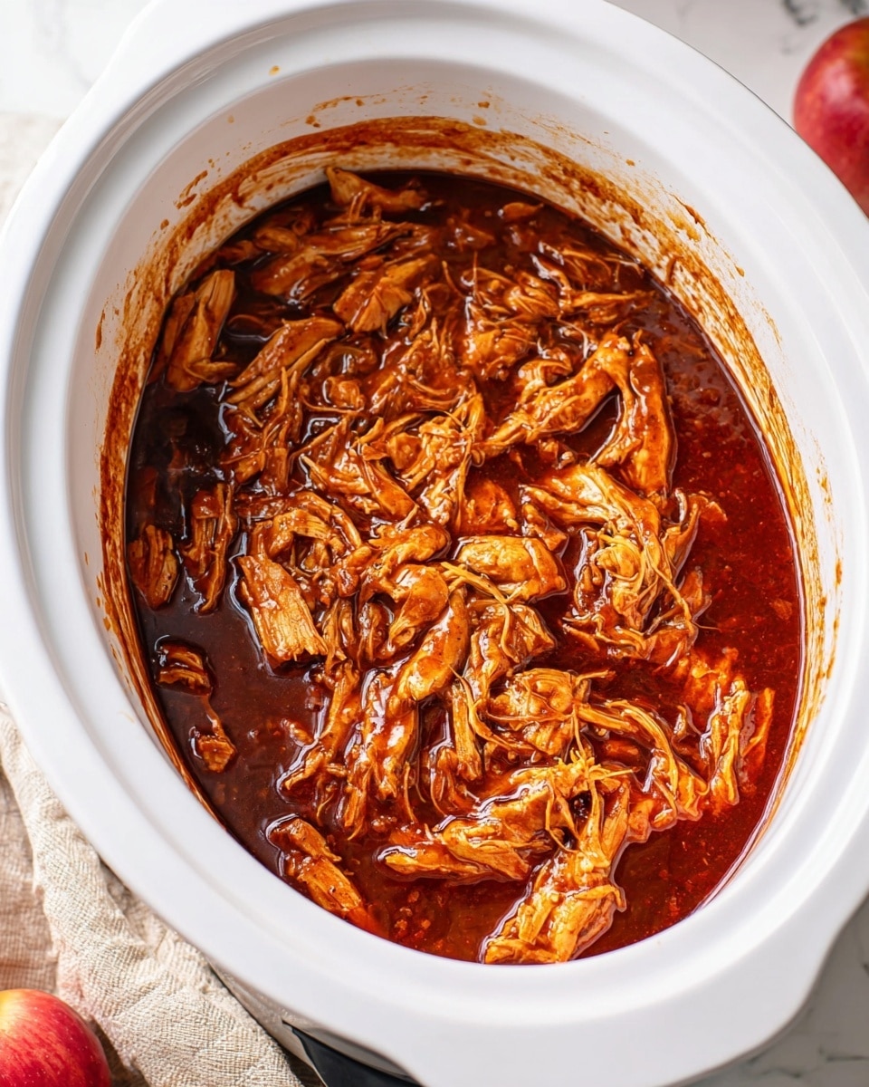 A white slow cooker filled with shredded, tender chicken pieces in a thick, rich, dark reddish-brown sauce. The chicken is layered evenly, soaking in the shiny, smooth sauce that coats each piece fully. The sauce covers the bottom of the cooker and rises up the sides a bit, with some sauce splashed along the inner walls. The slow cooker sits on a white marbled surface with a hint of a beige cloth and a red apple partially in the background. Photo taken with an iphone --ar 4:5 --v 7