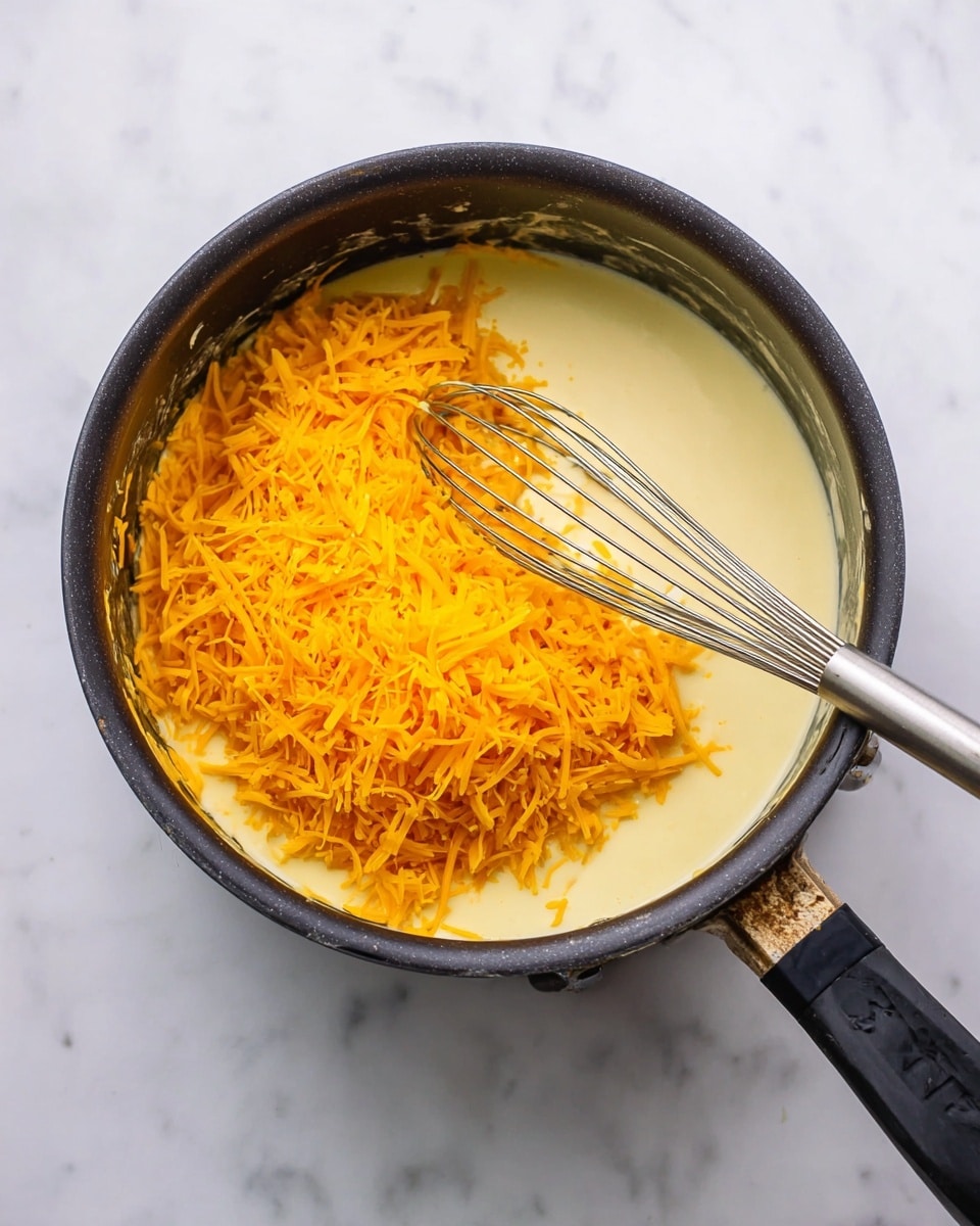 A black pot sits on a white marbled surface, filled halfway with a smooth, pale yellow sauce. On top of the sauce, a large pile of bright orange shredded cheese covers about half the surface inside the pot. A metal whisk with a black handle rests inside the pot, partially submerged in the sauce and cheese. The pot handle is facing toward the bottom of the image, and its interior shows some slight signs of use. photo taken with an iphone --ar 4:5 --v 7