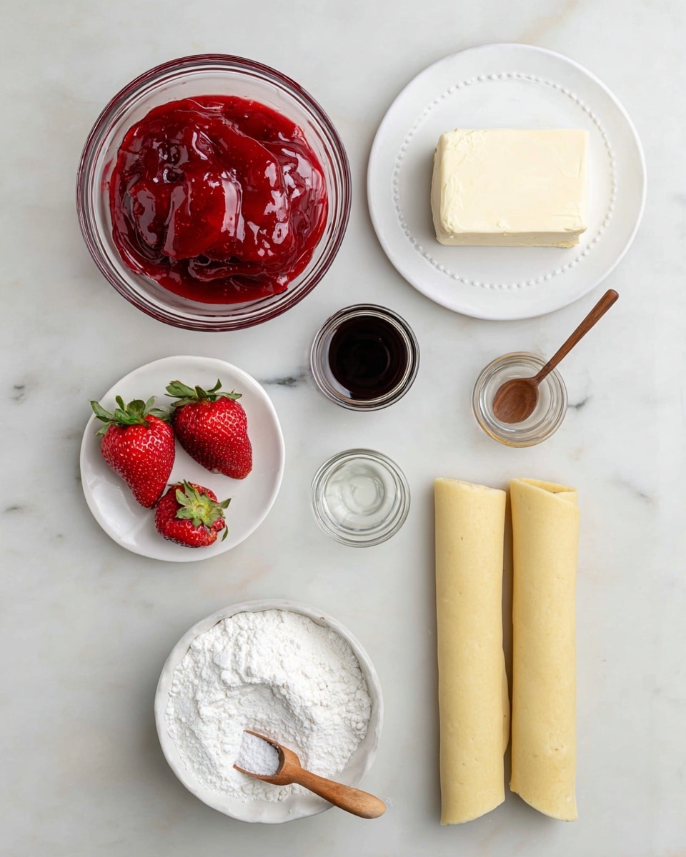 The image shows several ingredients placed neatly on a white marbled surface. On the left, there is a clear glass bowl filled with shiny red strawberry filling. Below it, two fresh red strawberries with green tops rest next to a white plate holding a block of cream cheese. To the right, there are three small clear glass containers holding clear and dark liquids. Next to them, a white bowl filled with white powdered sugar has a small wooden scoop. On the bottom right, two rolled dough sheets lie side by side. All items are arranged with space between them, showing their textures and colors clearly. Photo taken with an iphone --ar 4:5 --v 7