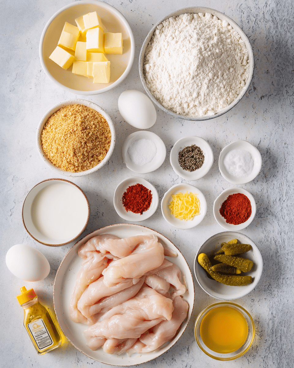 The image shows an arrangement of cooking ingredients on a white marbled surface. At the bottom center, there is a plate filled with raw chicken strips that are pale pink and smooth in texture. Above it, a small white bowl holds light yellow cubes of butter. To the left, a small white bowl contains fine white flour, and above it is a larger white bowl with more flour that looks powdery and slightly clumpy. To the right of the butter, there are three small white bowls in a row holding white granulated sugar, black pepper, and green pickle slices with a ridged texture. Below the pepper and sugar is a small bowl with yellow lemon zest, next to it is a small bowl with red paprika powder, and below that is a bottle of yellow seasoning. On the left side, there is a bowl filled with golden brown breadcrumbs, and above it is a white bowl of milk that is smooth and creamy. Between these containers are two white eggs and a small bowl of amber-colored honey. Everything is placed neatly with clear visibility. photo taken with an iphone --ar 4:5 --v 7