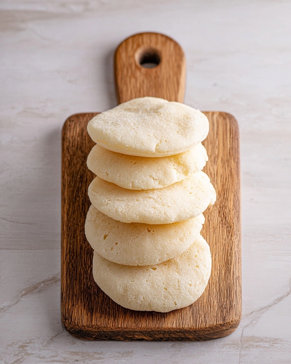 Five round, fluffy arepas with a pale golden color are stacked unevenly on a wooden board with a handle. Each arepa has a smooth, soft texture with small air pockets visible on the surfaces. The wooden board sits on a white marbled surface, adding contrast to the light tones of the arepas. photo taken with an iphone --ar 4:5 --v 7