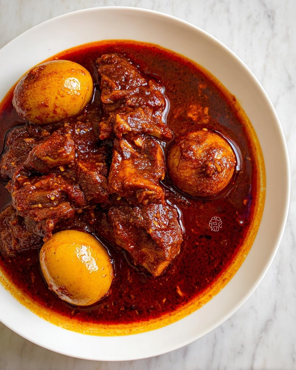 The image shows a white plate filled with a rich dark red-brown stew. The stew has two main layers: the thick sauce which is smooth and glossy with oily patches around the edges, and several pieces of cooked meat and whole eggs submerged and partially visible in the sauce. The meat pieces are textured, coated fully with the sauce, and vary in size, while the eggs are smooth and stained with the sauce, placed prominently near the center. The plate sits on a white marbled surface, enhancing the deep colors of the dish. photo taken with an iphone --ar 4:5 --v 7