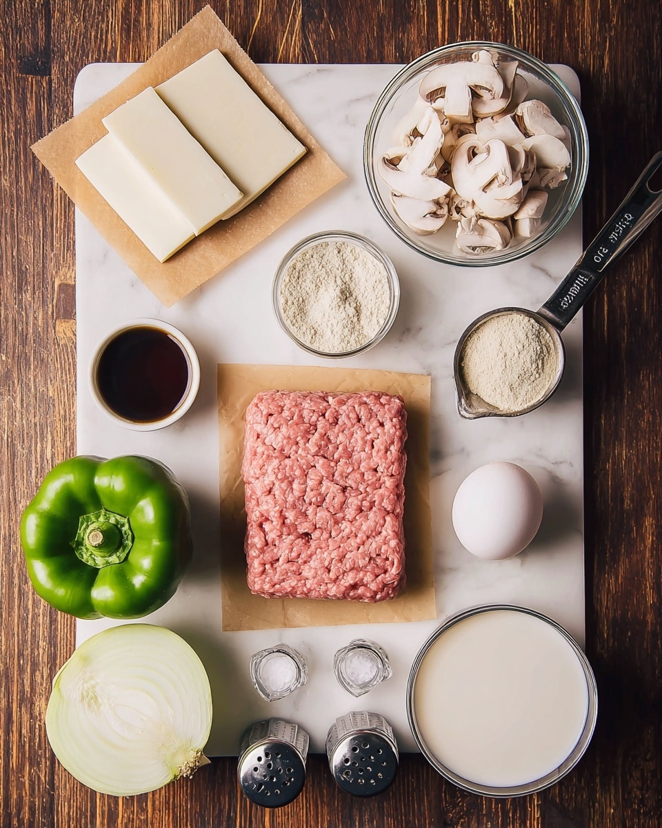 The image shows cooking ingredients neatly arranged on a white marbled surface. There are four wide slices of white cheese stacked on a square piece of brown paper at the top left, and to their right is a round clear bowl filled with sliced white mushrooms. Below the mushrooms is a metal measuring cup filled with a beige powdery ingredient. Below the cheese is a whole green bell pepper. At the center is a rectangular block of raw pink ground meat on brown paper. To the left of the meat is a small white dish with dark brown liquid, and below it is a single white egg. At the bottom left corner is a half white onion with its layers visible. Next to the onion are two small glass shakers filled with salt and black pepper, closely placed side by side. To the far right bottom is a round clear bowl full of white milk. Three small metal measuring spoons with beige powder inside are placed vertically between the bowls of milk and mushrooms, showing different sizes. The whole setup is bright and clean, with natural colors and textures from fresh raw ingredients. photo taken with an iphone --ar 4:5 --v 7