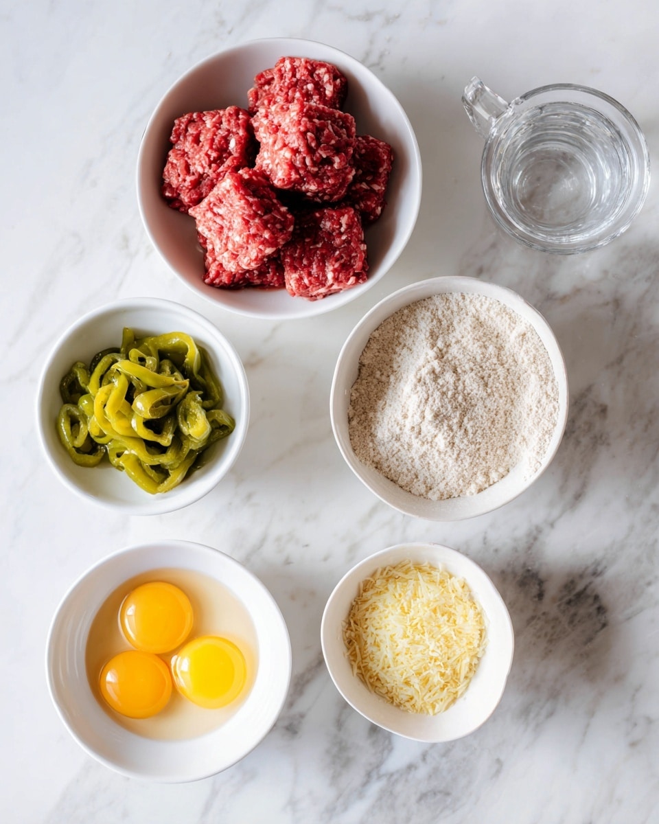 The image shows seven items arranged neatly on a white marbled surface. At the top, there are three seasoning packets with colorful covers—two packets of brown au jus gravy mix and one blue ranch seasoning packet. Below, from left to right, there is a white bowl filled with four square portions of reddish ground beef, a smaller white bowl containing light yellow crushed flakes, a white bowl with bright green pepperoncini peppers, a white bowl holding two cracked raw eggs with yellow yolks in clear egg whites, a white bowl with pale beige crumbs, and a clear glass measuring cup with water. The scene is bright and clear, showing all ingredients ready to be used. photo taken with an iphone --ar 4:5 --v 7