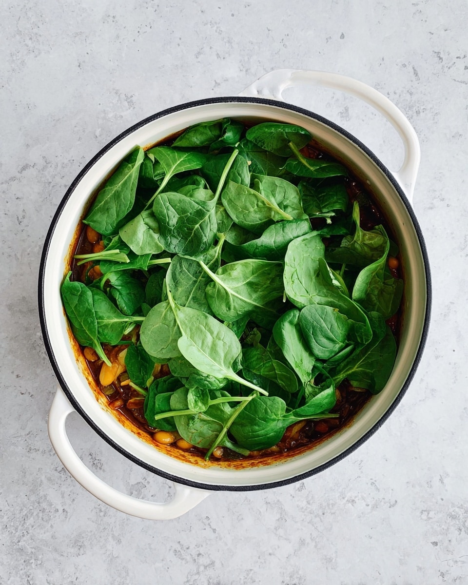 A white pot with two handles contains a dish with three visible layers: the bottom layer is a dark brown sauce, the middle layer has small yellow and light brown pieces likely vegetables or beans, and the top layer is fresh, bright green spinach leaves spread thickly over the whole dish. The pot is placed on a white marbled surface. Photo taken with an iphone --ar 4:5 --v 7