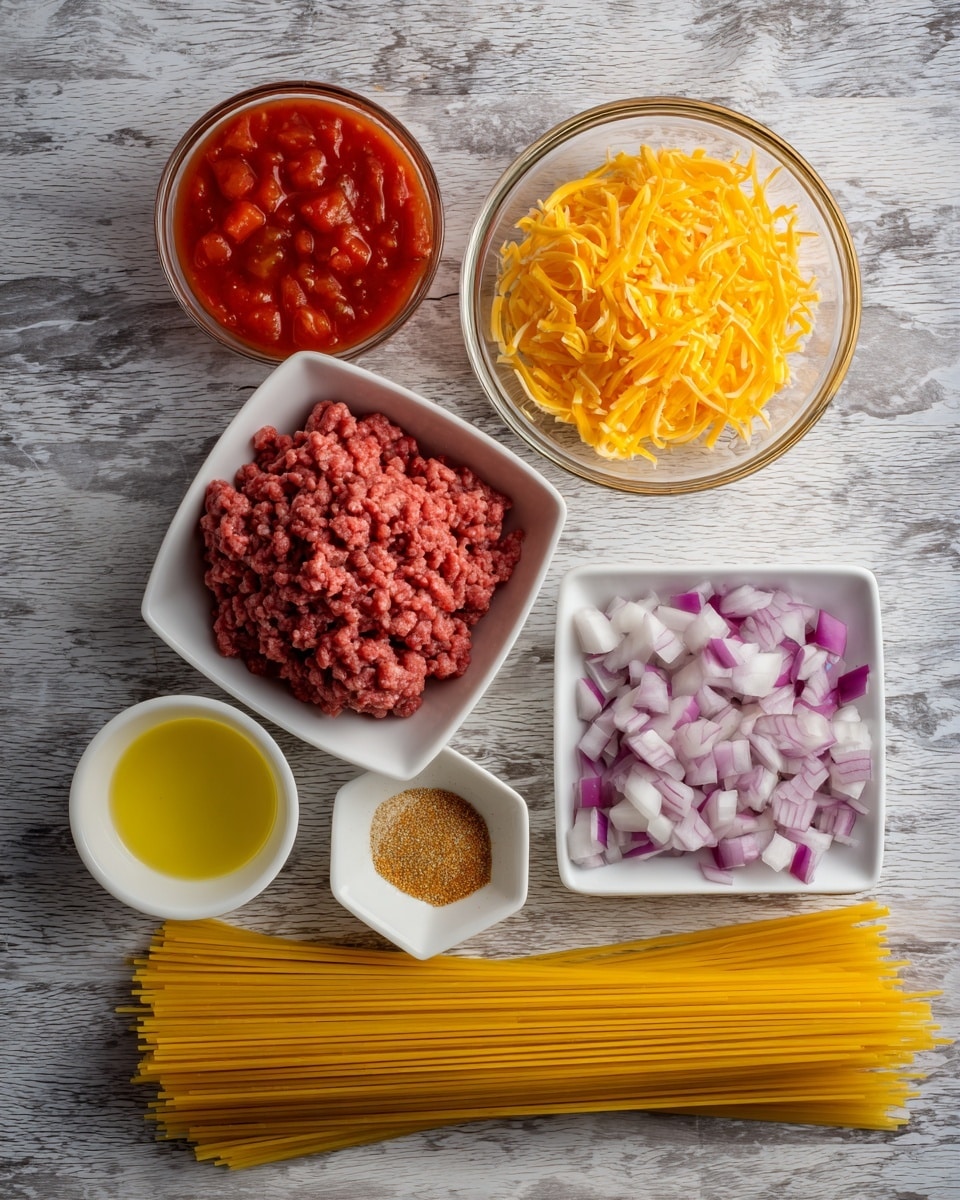 The image shows several ingredients arranged neatly on a wooden surface with a white marbled texture. At the bottom lies a neat bundle of uncooked yellow spaghetti pasta, spread horizontally across the image. Above the pasta is a square packet of raw ground beef, wrapped in clear green and beige packaging. To the right of the beef, there is a small white square bowl filled with chopped purple and white onions, showing a clear contrast between the colors. Above this bowl is another clear round bowl filled with shredded bright orange cheddar cheese. To the left of the onions, a small white round bowl contains a red tomato sauce with visible chopped tomato pieces. Next to this bowl, on the upper left side, is another small white round bowl filled with a yellow liquid, likely oil. Below the onions is a small white square bowl with a fine orange-brown powder, likely seasoning. The photo is taken with an iphone --ar 4:5 --v 7