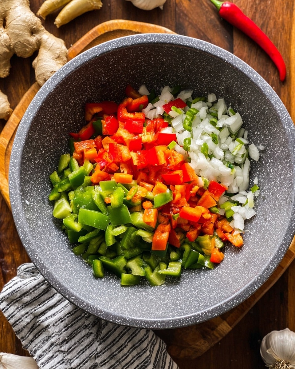 Inside a gray speckled bowl, there are three main layers of chopped vegetables. The bottom layer is made of uneven pieces of green bell peppers. On top of that, there is a layer of red bell pepper chunks scattered unevenly. The top layer has small, thin orange and green chili peppers spread across, along with chopped white onion pieces concentrated more on one side. The whole bowl sits on a brown wooden surface with a few whole chili peppers, garlic, and ginger nearby. A striped cloth is partially visible at the bottom. Photo taken with an iphone --ar 4:5 --v 7