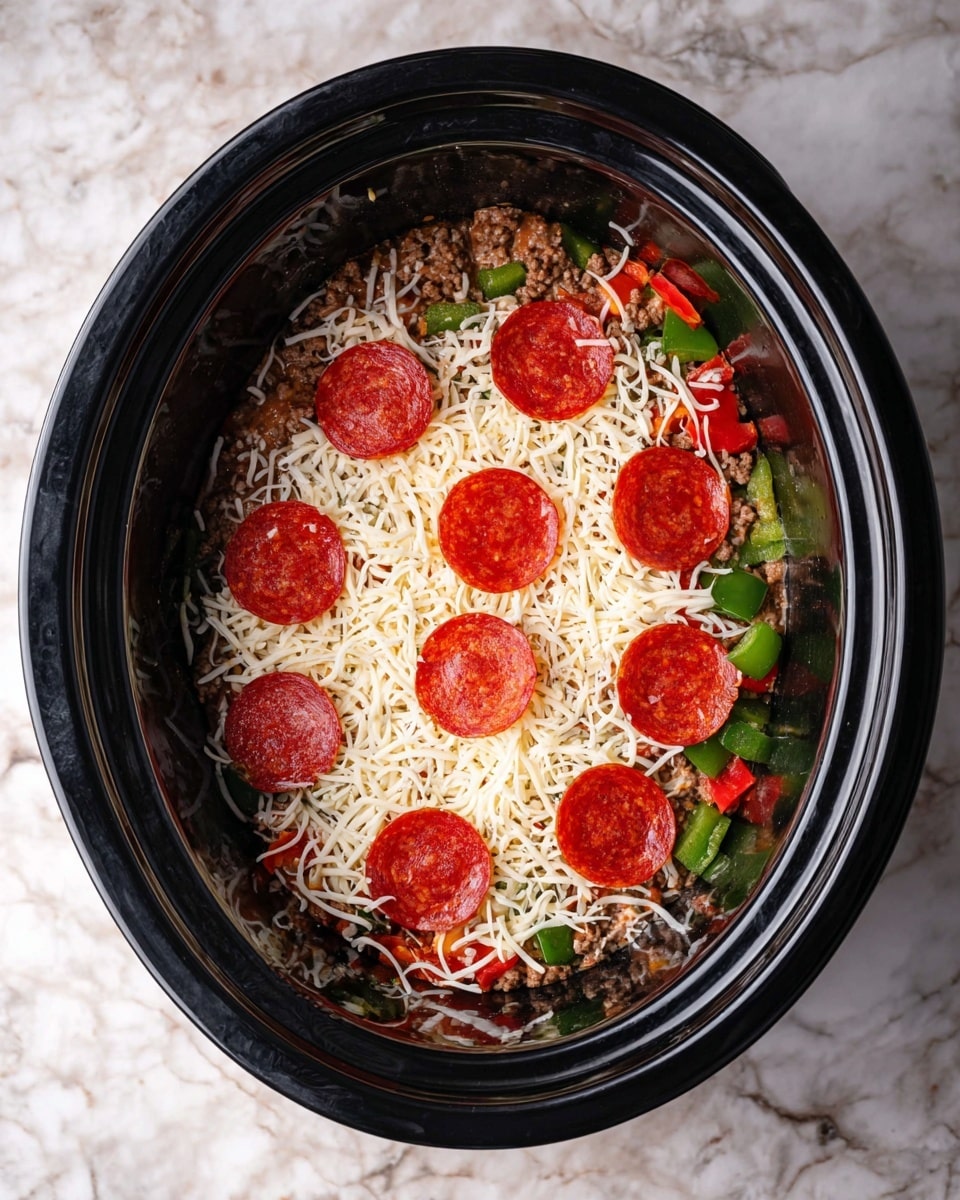 Inside a black oval slow cooker, there is one main visible layer made of shredded white cheese evenly spread across the top, with red pepperoni slices placed on top in a loose circle. Below the cheese, small chunks of green and red bell peppers and brown cooked ground meat can be seen mixed together, creating a colorful and textured base. The dish rests on a white marbled surface. photo taken with an iphone --ar 4:5 --v 7